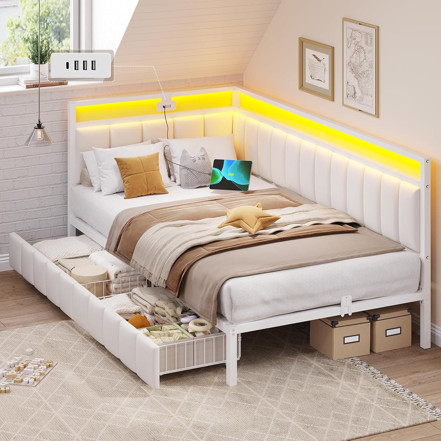 MSMASK Daybett mit LED-Beleuchtung & USB-Ladeanschlüssen, L-förmiges Schlafsofa, Kinderbett Jugendbett mit 2 Schubladen, 90 x 200 cm