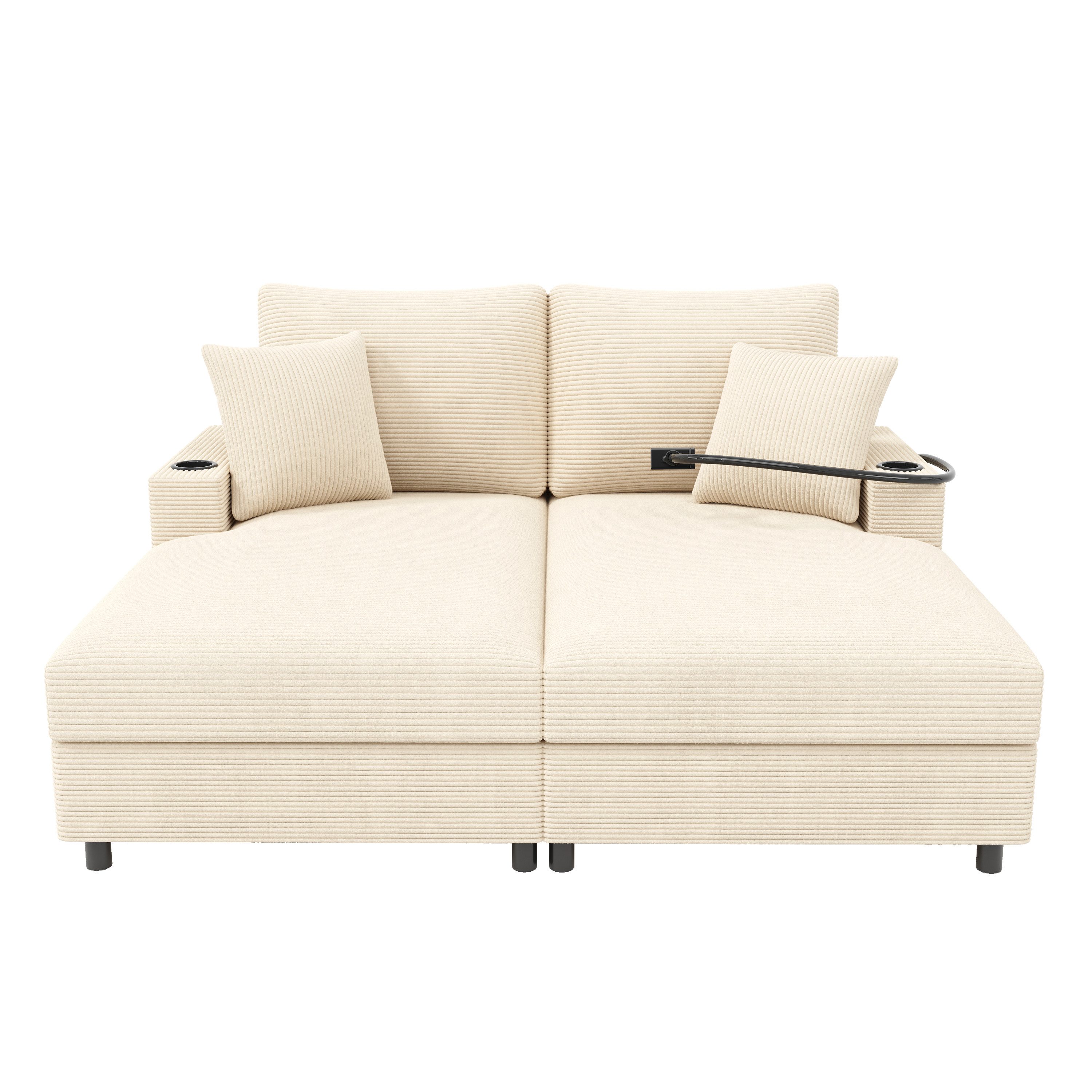 KLAM HOME Schlafsofa Multifunktionales Schlafsofa Mit USB Ladefunktion Und Getränkehalter, Modernes Wohnzimmer Sofa Grau Cord Für Kleine Wohnung, Breites Sitzsofa Mit Relaxfunktion Und Handyhalterung