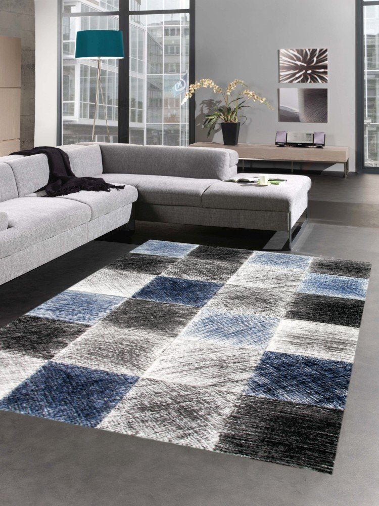 Carpetia Teppich Teppich modern Wohnzimmerteppich karo blau grau schwarz, rechteckig, Höhe: 15 mm
