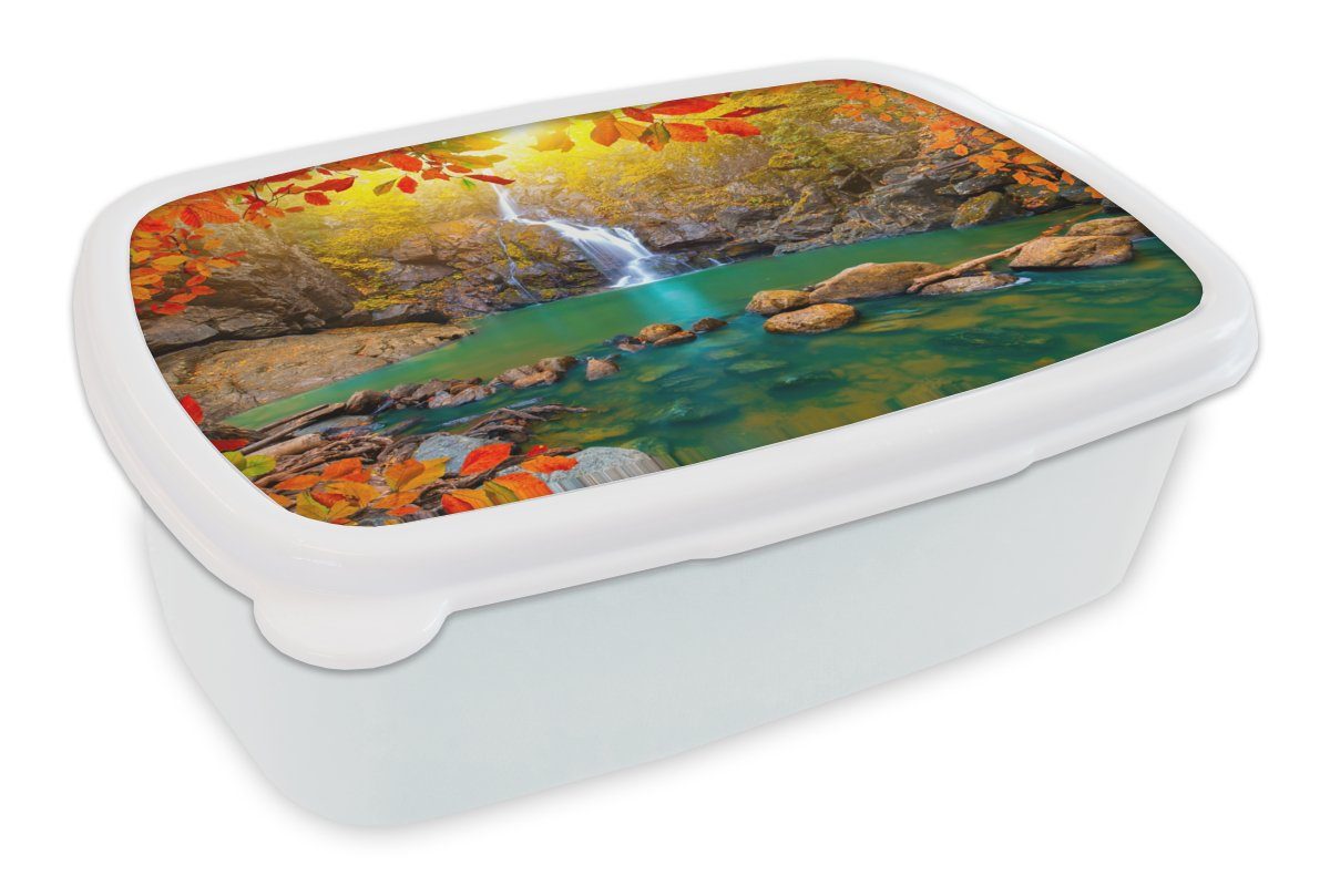MuchoWow Lunchbox - Baum Herbst für Jungs Brotdose, (2-tlg), - Mädchen und Kunststoff, Erwachsene, Wasserfall für weiß - Kinder und Steine - Brotbox Rot