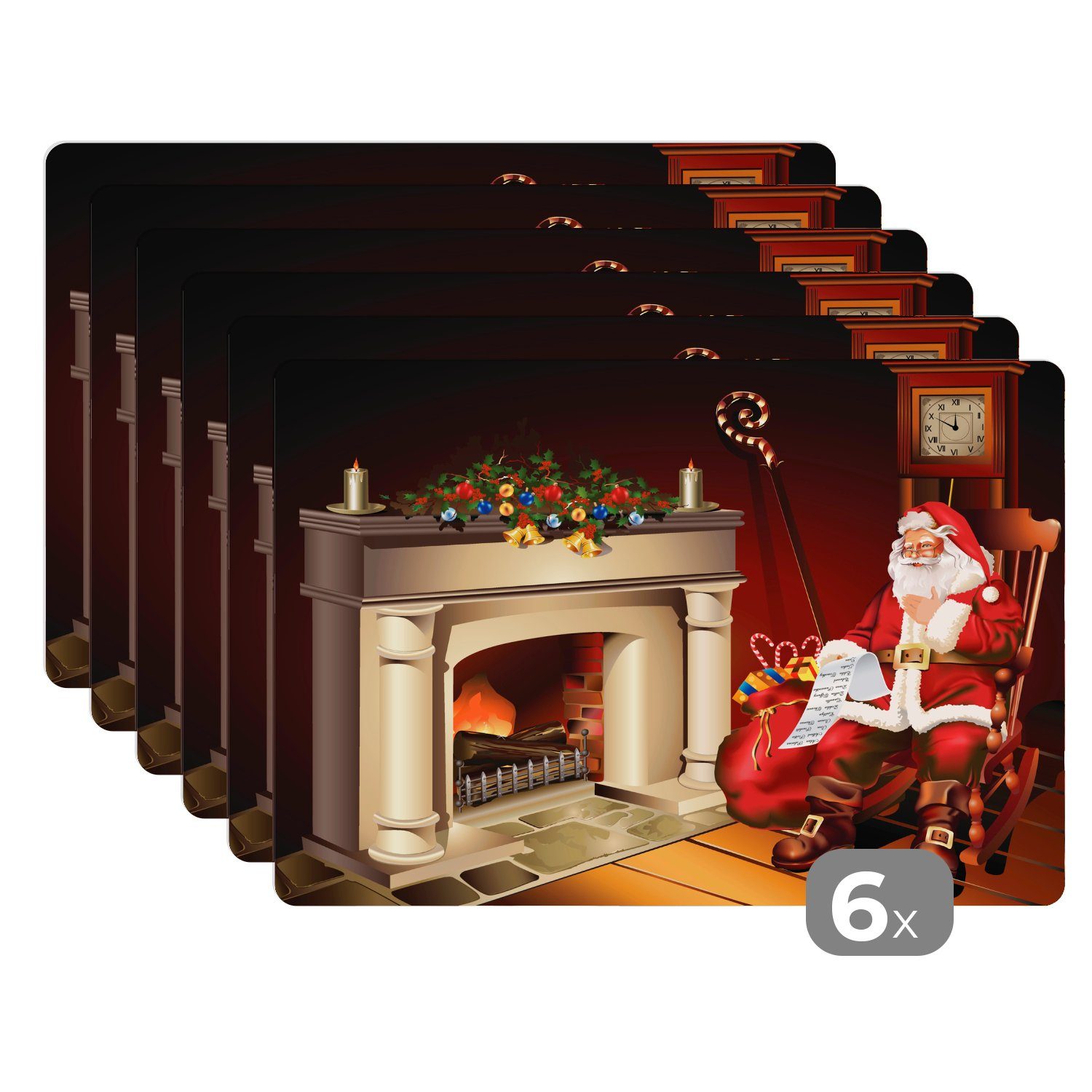 Platzset, Eine Illustration des Weihnachtsmanns an seinem Kamin, MuchoWow, (6-St), Platzset, Platzdecken, Platzmatte, Tischmatten, Schmutzabweisend