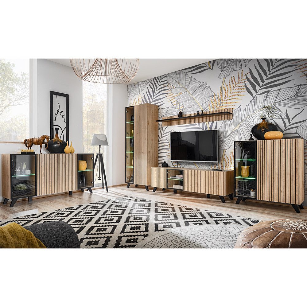 Lomadox Wohnzimmer-Set LATERZA-164, (Mega-Spar-Set, 5-St., Sideboard Vitrine Wandboard Lowboard Highboard), Wohnwand, LED-Beleuchtung, Kastanienholzoptik mit schwarz