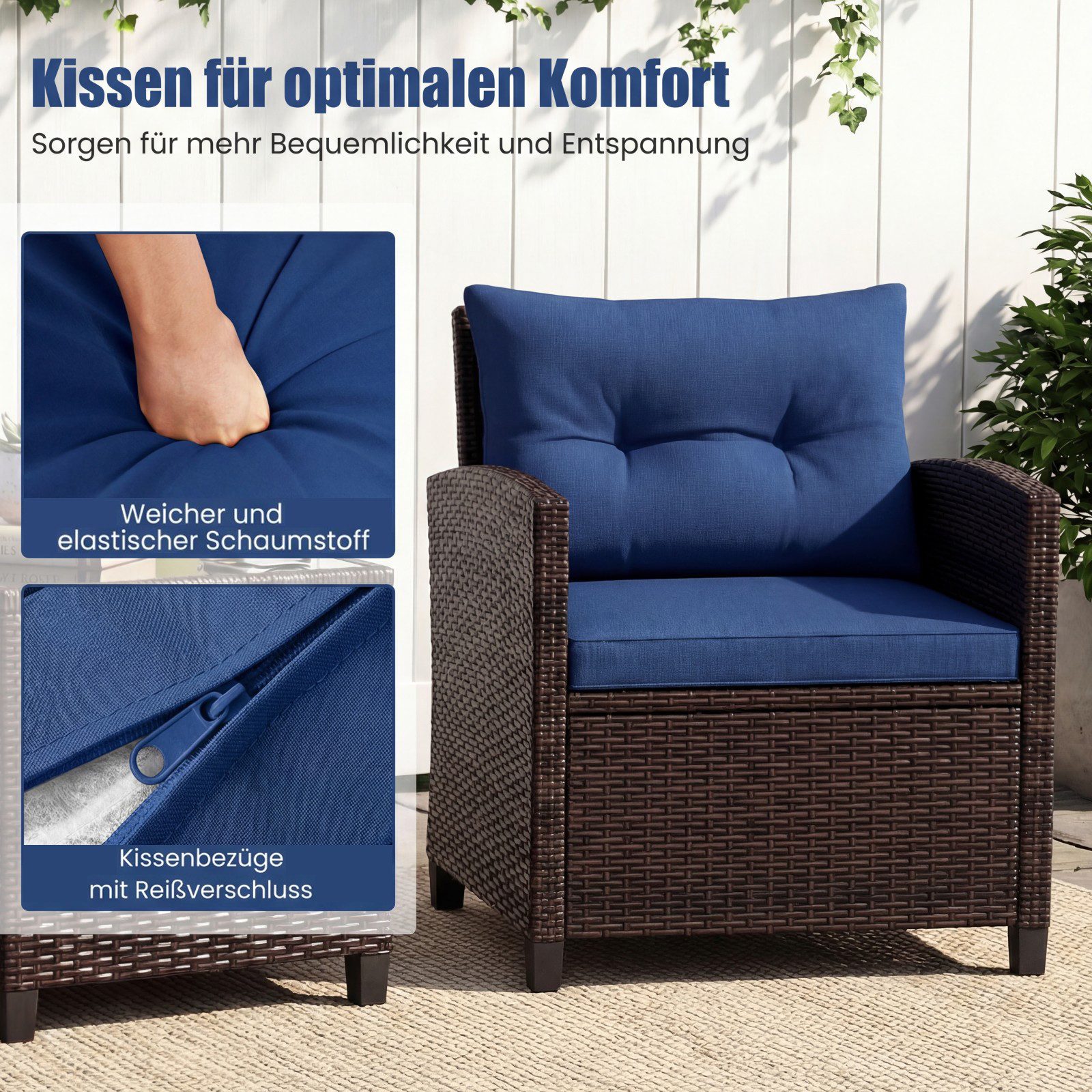 COSTWAY Gartenlounge-Set, (3-tlg., 2 Sessel & 1 Tisch), Rattan mit Kissen, Balkonset