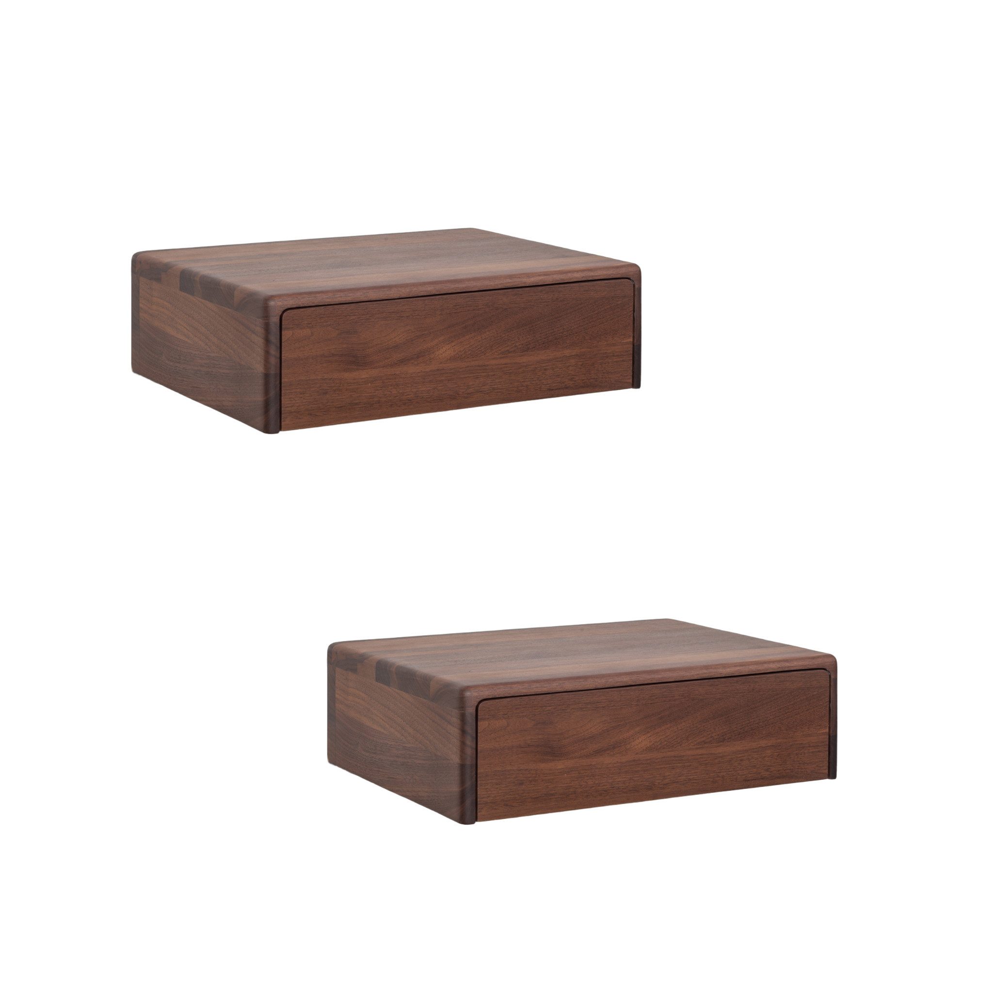 Woodek Design Nachttisch 2er-Set Wand-Nachttisch Frank aus massivem Nussbaum (Schublade mit Metallschienen, 2-St., matt lackierte Oberfläche), hängende und moderne Nachttischkonsole