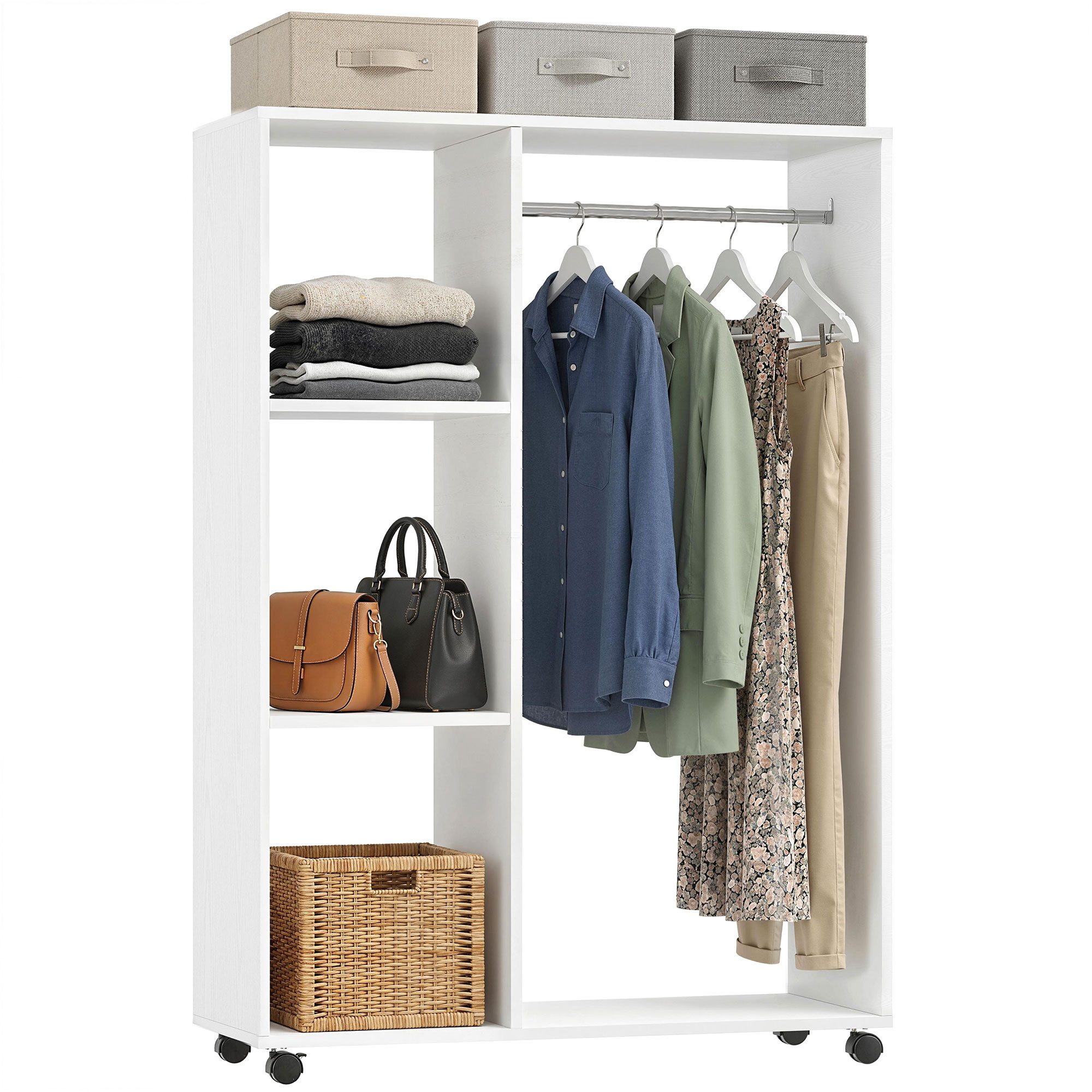 HOMCOM Garderobenschrank Kleiderschrank,auf Rollen,mobile Garderobe,Kleiderstange,3 Regale (Garderobenschrank, 1-St., Rollbarer Kleiderständer) für Flur, Schlaf – Bild 2 von 5