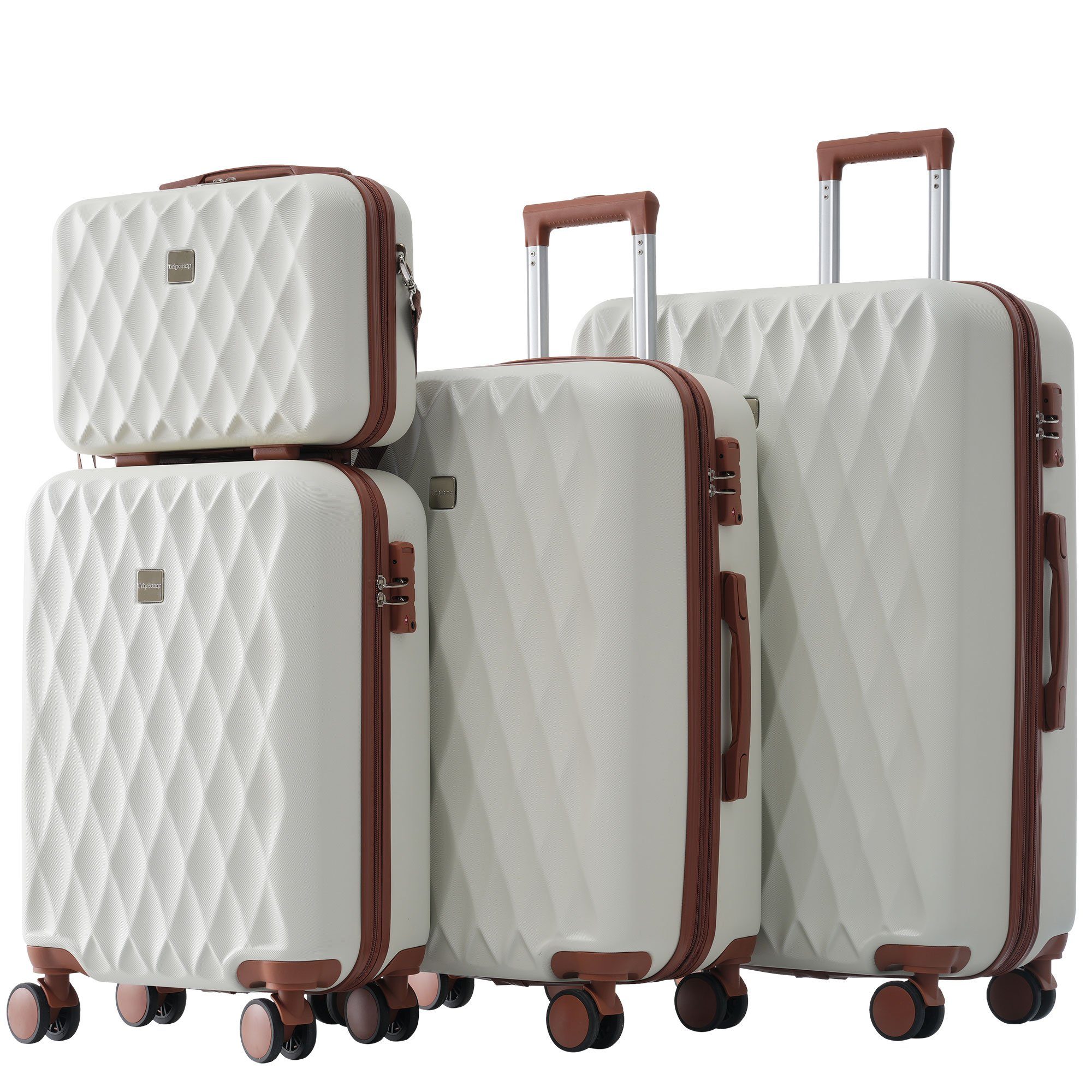 REDOM Trolleyset, 4 Rollen, (S-M-L-XL-Set, 4 tlg., Gepäck mit Kosmetiktasche, Hartschalen-Koffer, Rollkoffer), Mit Zahlenschloss und Universalrad, Teleskopstiel Creme+braun