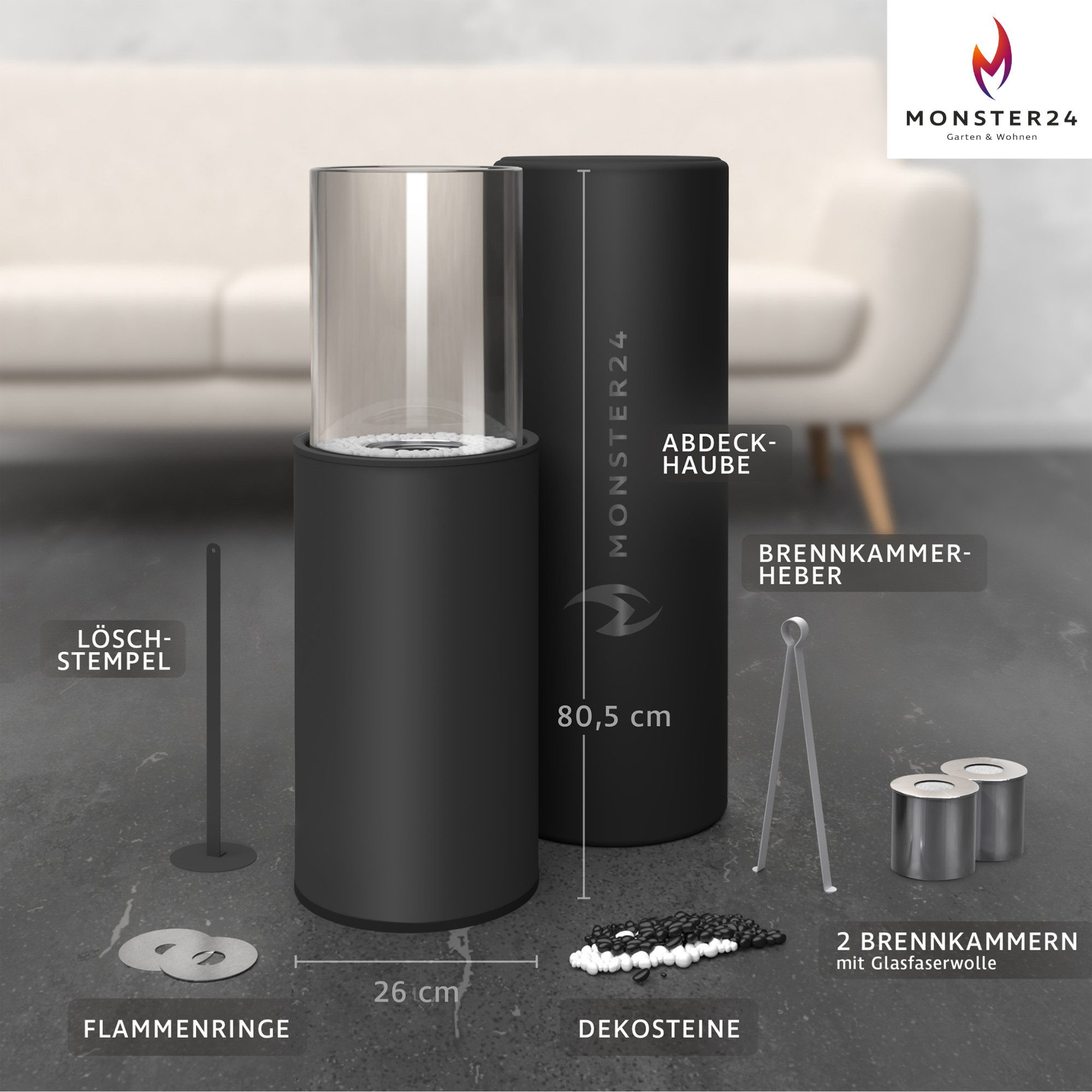 Monster24 Echtfeuer-Dekokamin Bio-Ethanol Standkamin für Indoor & Outdoor (80x26x26 cm)