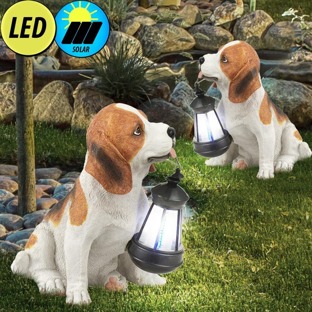 2er Leuchte fest etc-shop Hund Hund LED Aussen Solar Skulptulampe Garten Warmweiß, LED-Leuchtmittel verbaut, LED Set Dekofigur, Tier