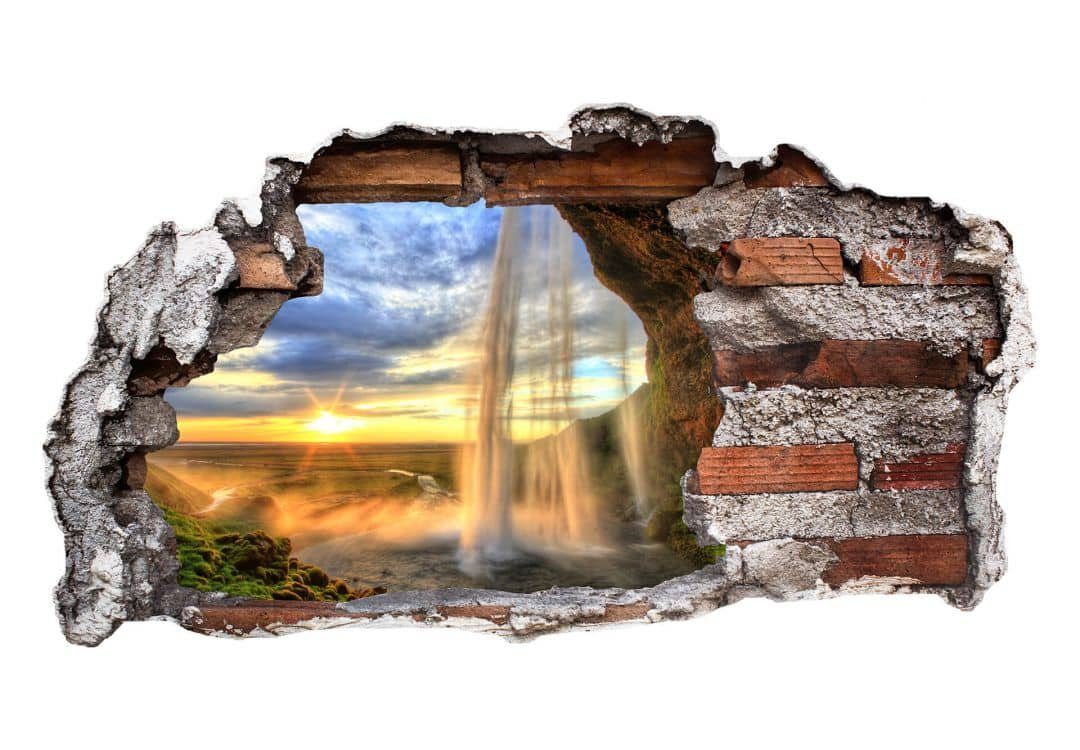 Landschaft, K&L Mauerdurchbruch Island 3D selbstklebend Wandtattoo Wall Wasserfall Wandtattoo Wandbild Seljalandsfoss Natur Wandsticker Art