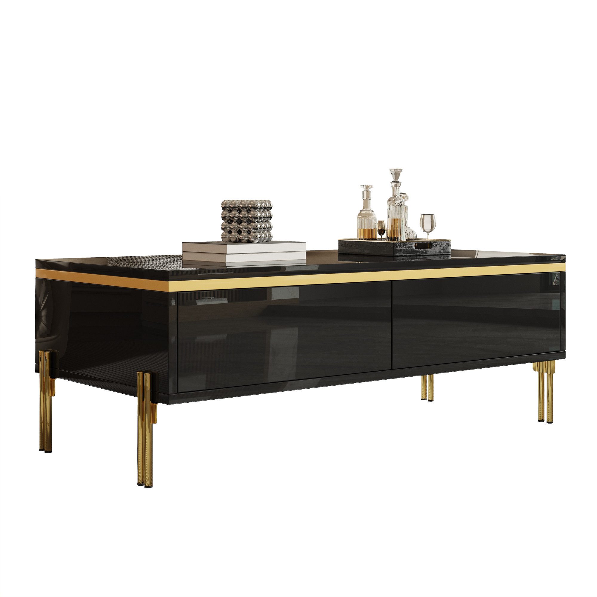 Merax Couchtisch hochglanz Sofatisch Beistelltisch mit goldenen Zierelementen (1-St), Wohnzimmertisch mit Doppelschubladen und Metallbeinen, 100x50x36cm