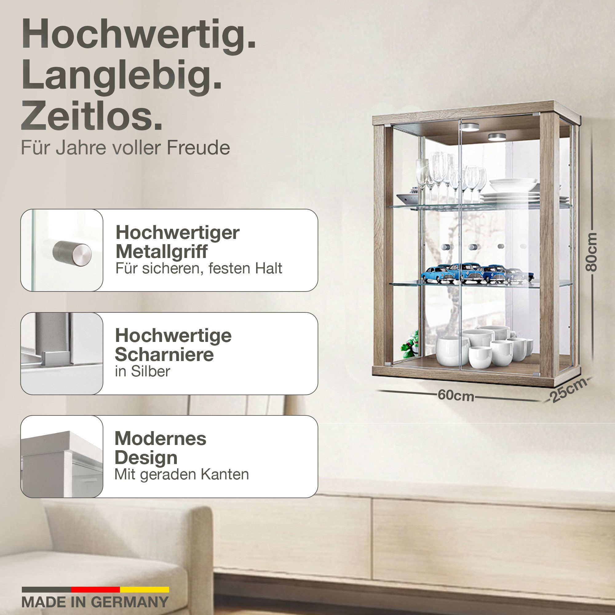 K-Möbel Hängevitrine C1013 (Glasvitrine (80x60x25 cm) mit 2 Glastüren)