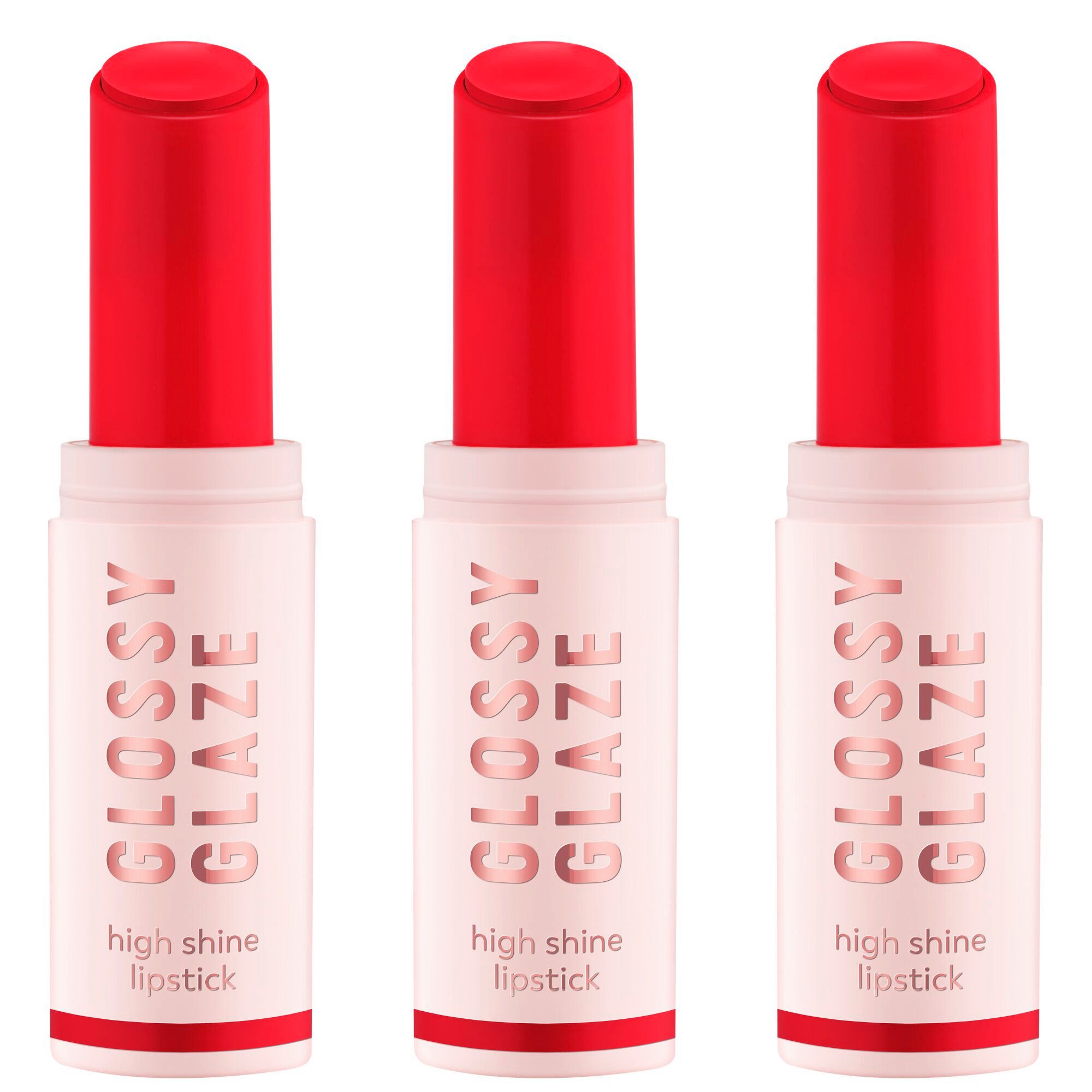 Essence Lippenstift GLOSSY GLAZE high shine lipstick, 3-tlg., Hohe Farbintensität, hochglänzendes Finish, buttrig-weiche Textur.