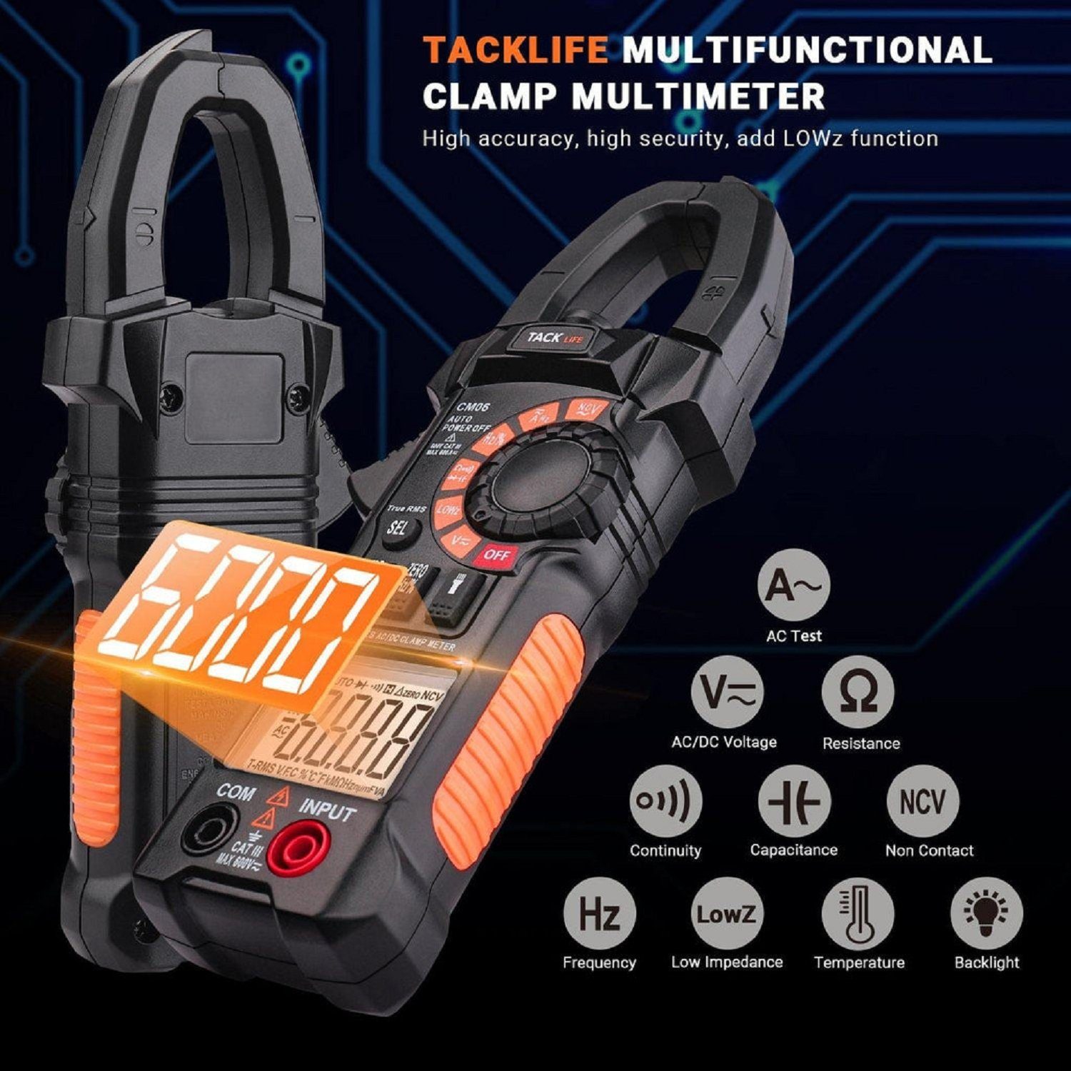 TACKLIFE Strommessgerät, 9,8 Zoll Länge Auto Range 6000 Zähler Stromzange