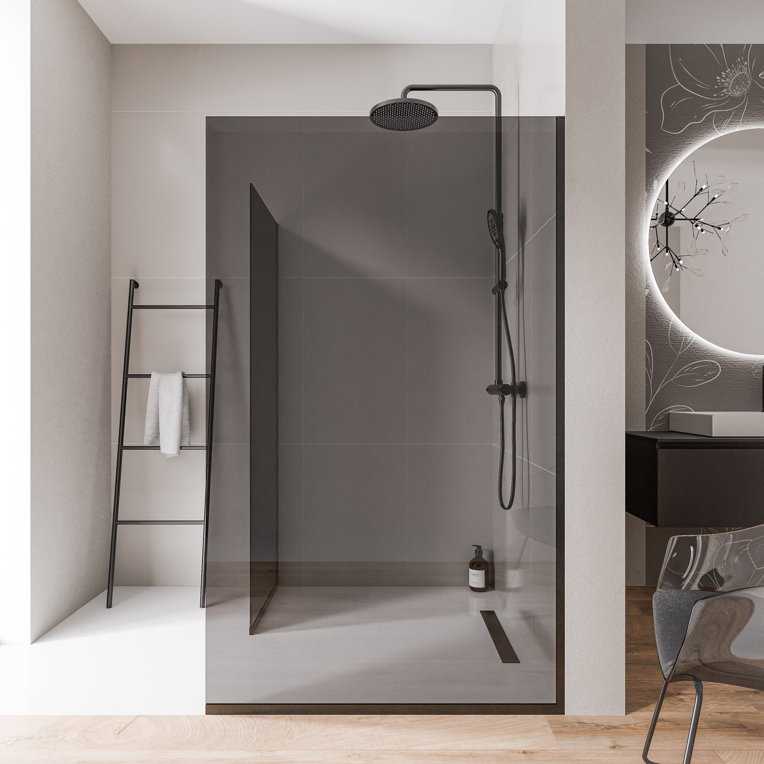 Bernstein Walk-in-Dusche EX102 70x70x200 cm Grau Schwarz, ESG Sicherheitsglas, Front: 70 cm x Seite: 70 cm x Höhe: 200 cm mit Bodenprofil