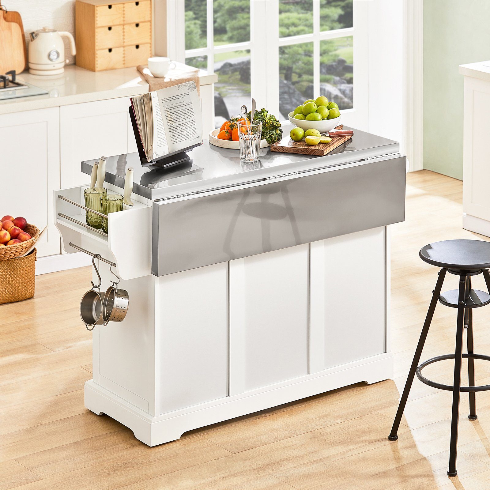 SoBuy Küchenwagen FKW41, weiß-grau Arbeitsfläche Kücheninsel Sideboard erweiterbarer Küchenschrank mit