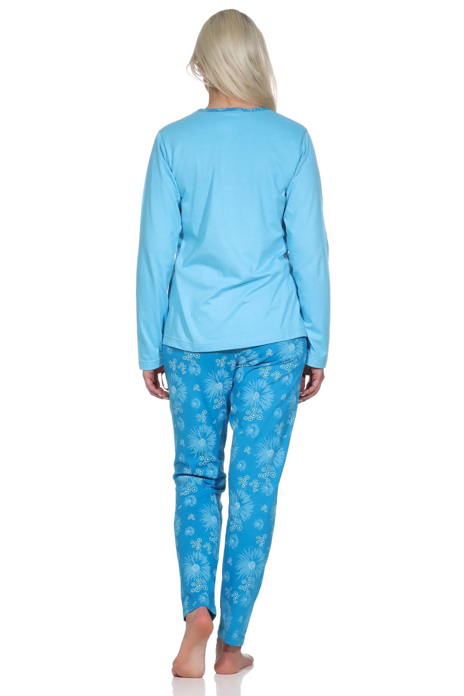 Normann Pyjama Verspielter Damen Pyjama Muster floralem Schlafanzug lang, hellblau mit