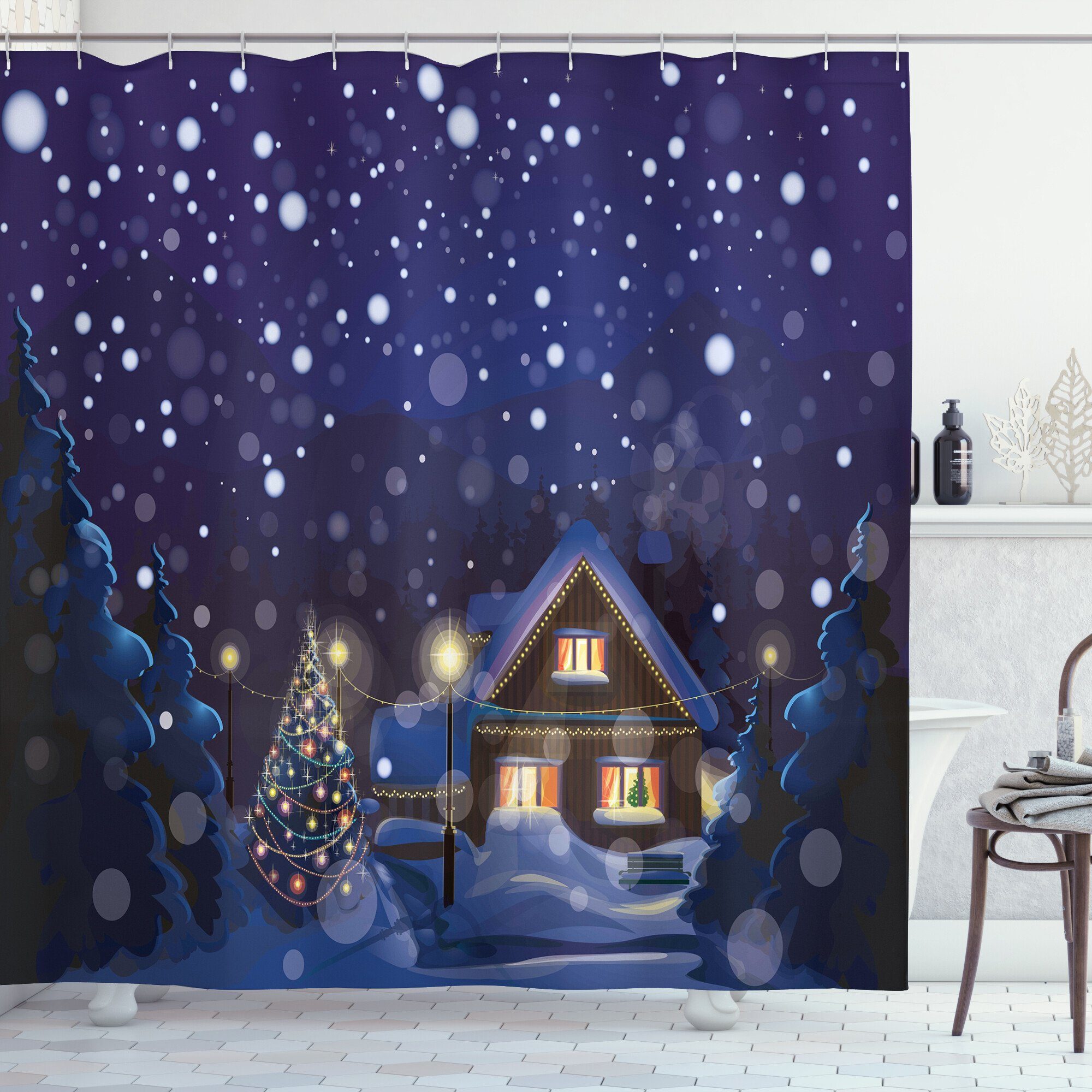 Abakuhaus Duschvorhang Moderner Digitaldruck mit 12 Haken auf Stoff Wasser  Resistent Breite 175 cm, Höhe 180 cm, Weihnachten Winter-Nacht Haus