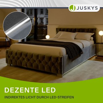 Juskys Polsterbett Nizza, 120x200 cm, Samt-Bezug, LED-Licht, großer Bettkasten, inkl. Matratze