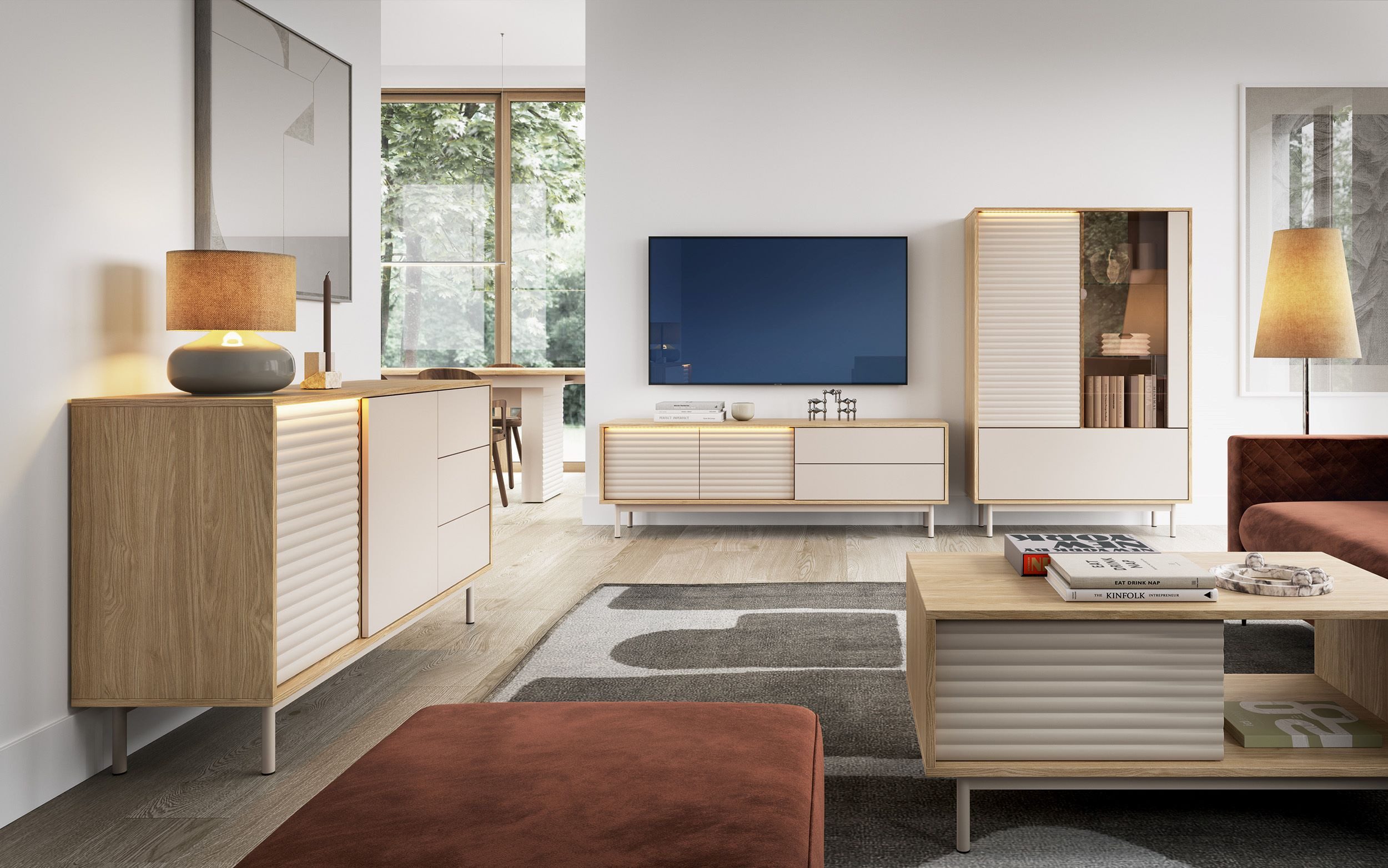 99rooms Wohnwand Kolja, (Set (5-St), Wohnmöbel, Wohnzimmer-Set), Modern Design, viel Stauraum, ABS-Schutzkanten, Gehärtetes Glas