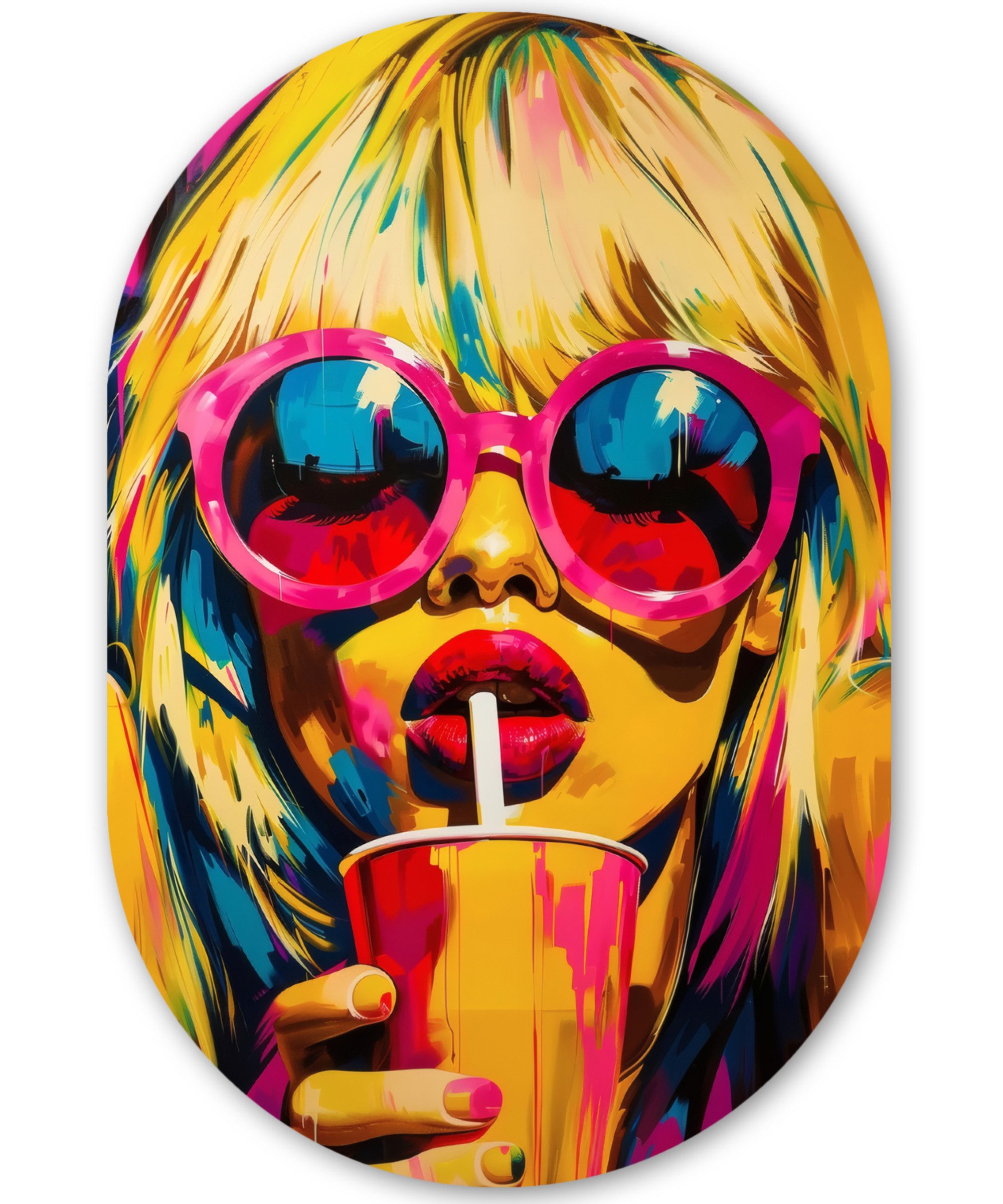 MuchoWow Gemälde Sonnenbrille - Rosa - Frau - Stroh, Fotodruck (1 St), Wandbild Oval, Wohnzimmer oder Schlafzimmer Wanddekoration, 40x60 cm