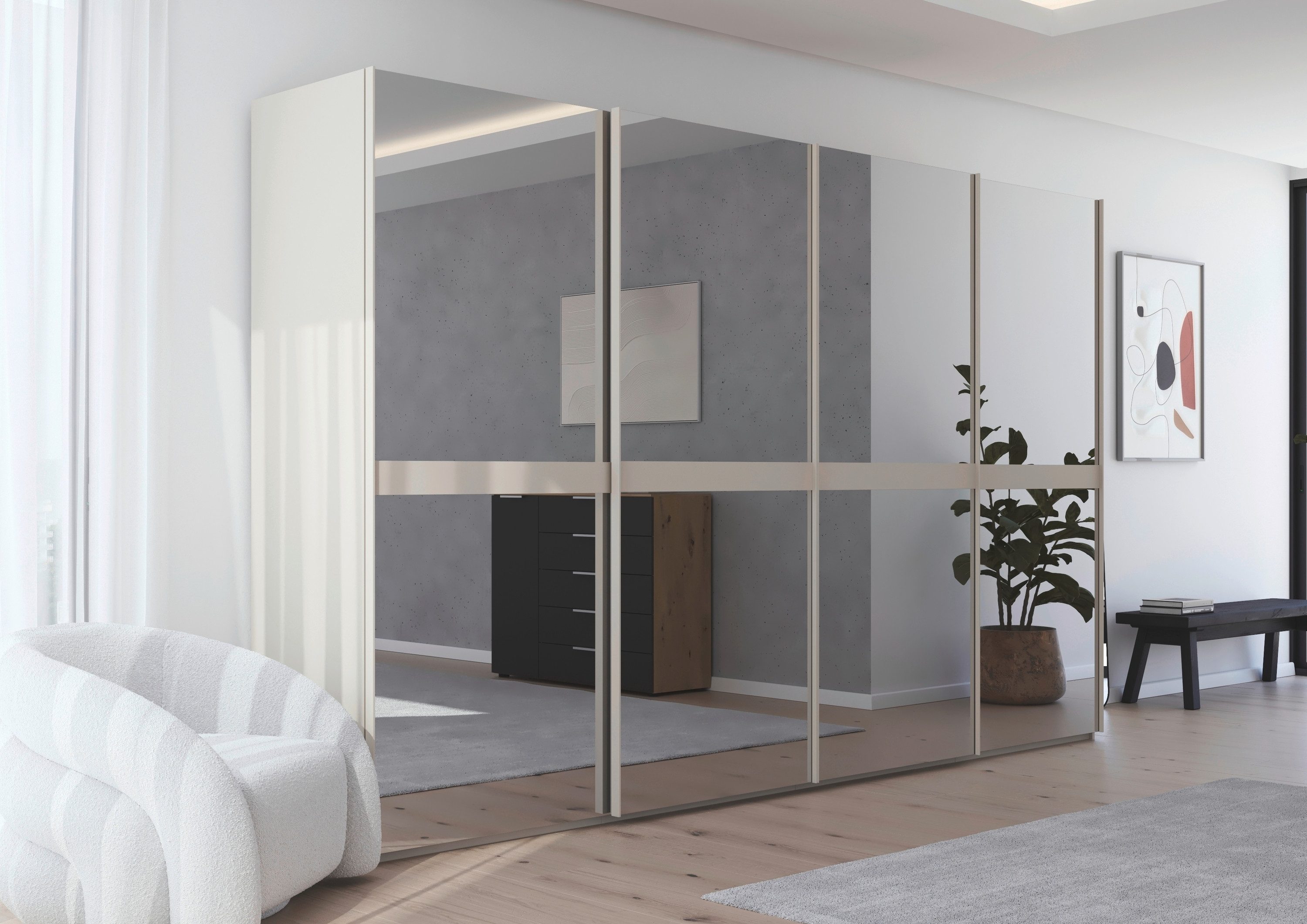 rauch Schwebetürenschrank Kleiderschrank Schrank Garderobe Schlafzimmerschrank SCALE-LINE edle Optik mit Bauchbinde in Korpusfarbe Spiegelfront MADE IN GERMANY