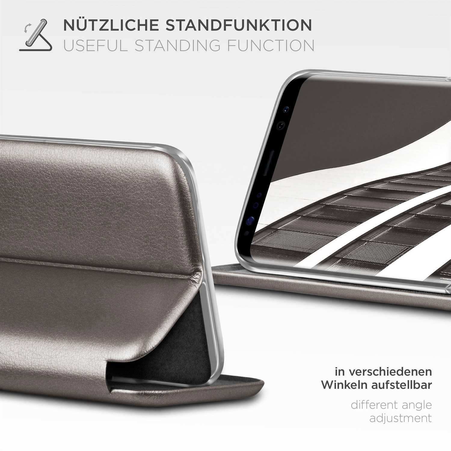 ONEFLOW Handyhülle für Samsung Galaxy S8 Premium Hülle Business Cover Grau 5,8 Zoll, 360 Grad Schutzhülle Flip Case Etui Klapphülle Dünn Leder Handy Tasche