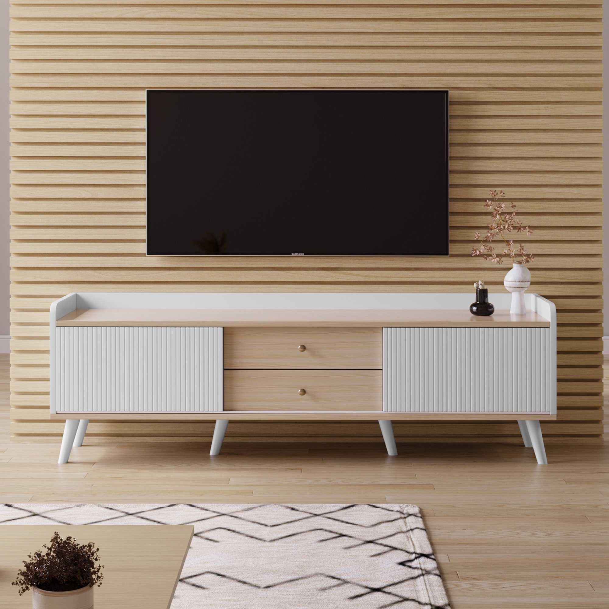 Weiß Lowboard (H58/L160/T40 Schubladen, Platte zwei TV Fernsehtisch Schiebetüren TV-Schrank TV- Board REDOM cm) niedrige mit mit zwei