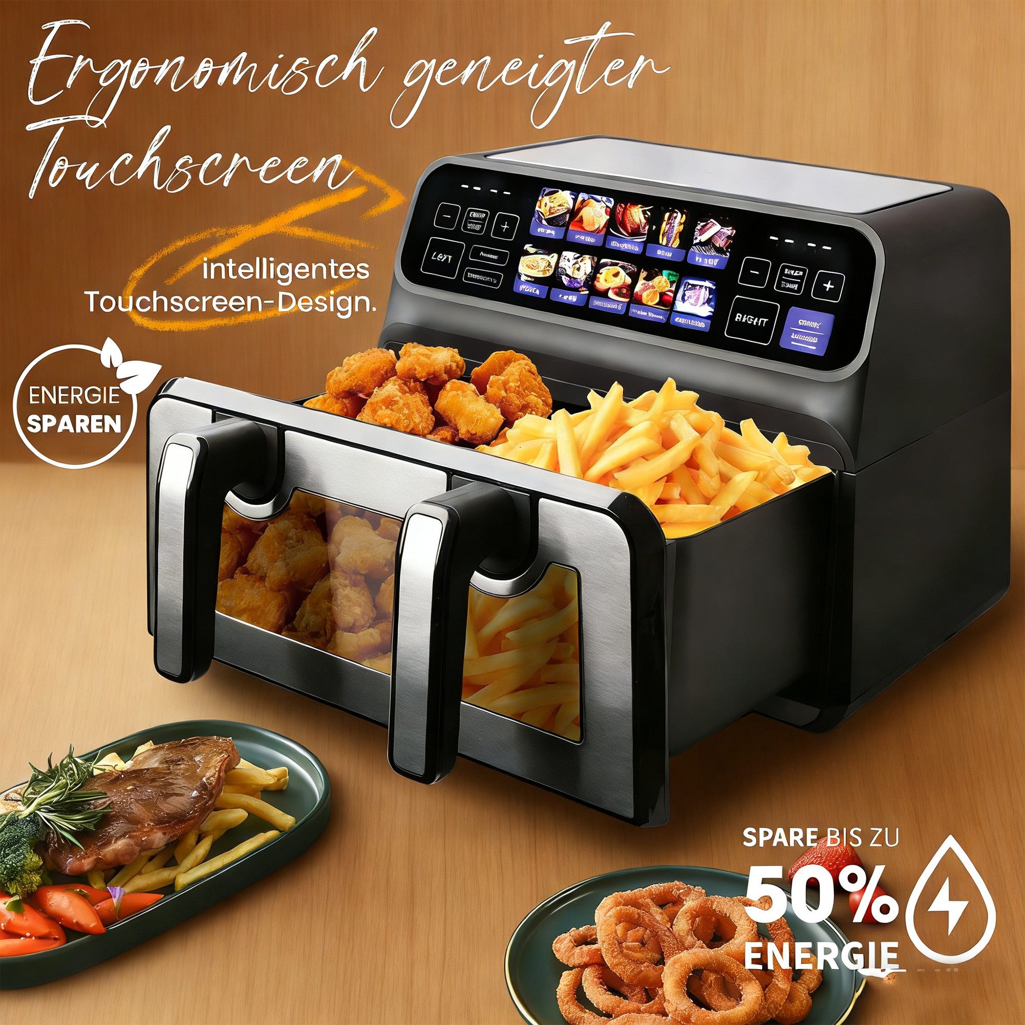 WHEELYOU Heißluftfritteuse 9 L Doppelkammer Airfryer – 2200 W starke Leistung, Sichtfenster, 2200 W, Farb-LED-Display, Einzel- und Doppelkörbe frei einstellbar