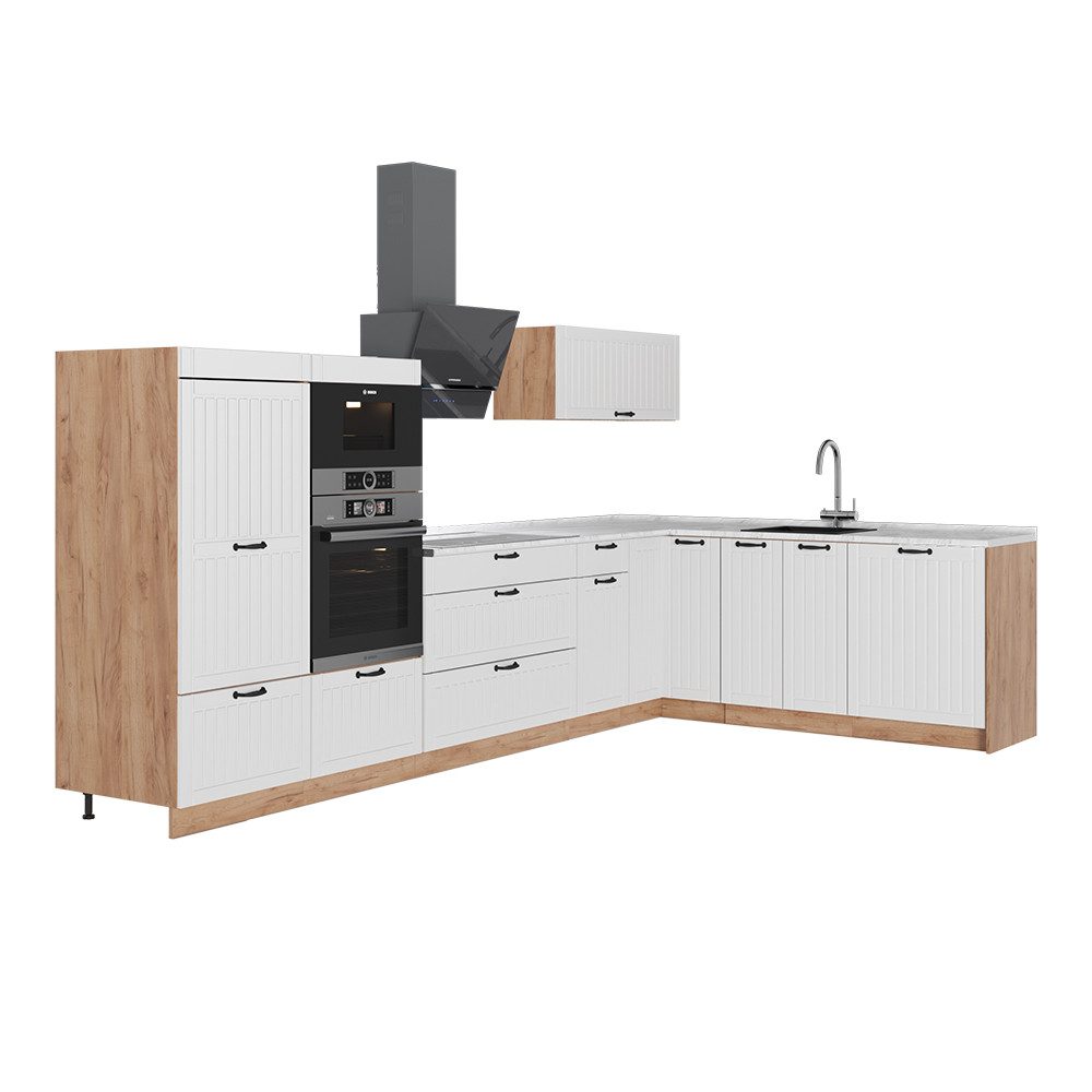 Vicco Winkelküche Fame-Line, Weiß Landhaus/Goldkraft Eiche, 347 x 60 cm, AP Marmor