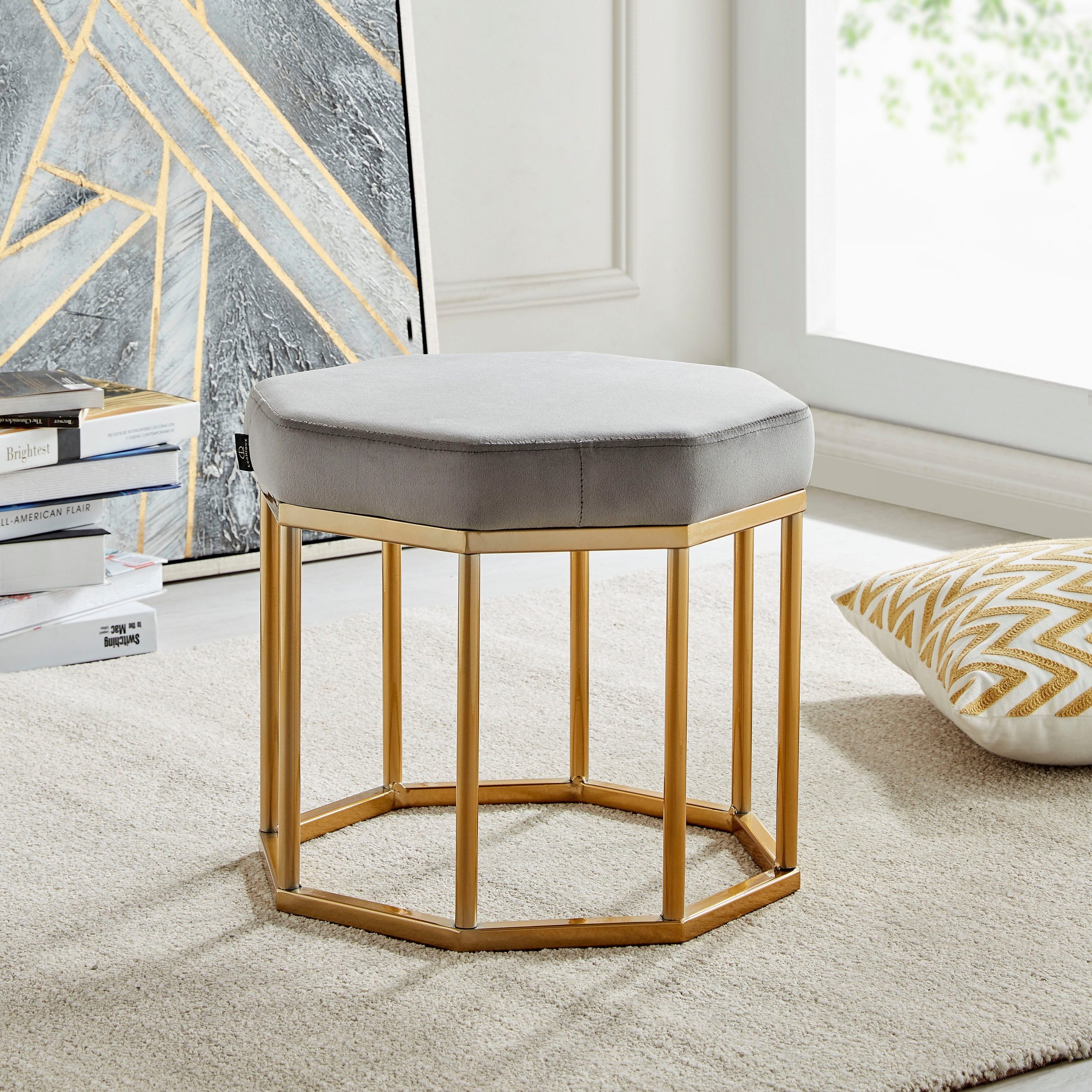 loft24 Polsterhocker Anya, Metallgestell in goldfarben, Samtbezug, Hocker, Sitzhocker
