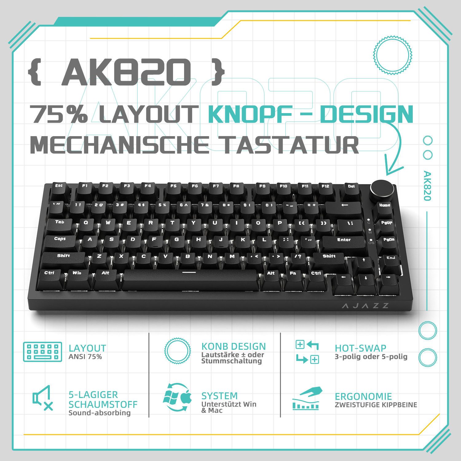 AJAZZ AK820 Mechanische Tastatur mit Knopf,75% ANSI-Layout Gaming-Tastatur (81 keys, improved seal assembly, hot-swap)