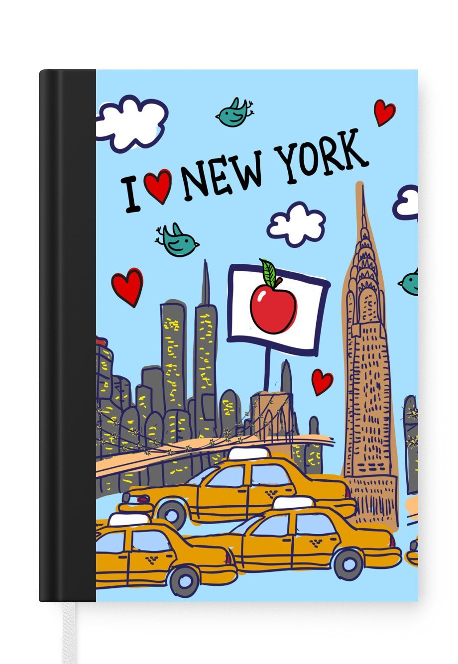 MuchoWow Notizbuch New York - Zeichnung - Taxi, Journal, Merkzettel, Tagebuch, Notizheft, A5, 98 Seiten, Haushaltsbuch