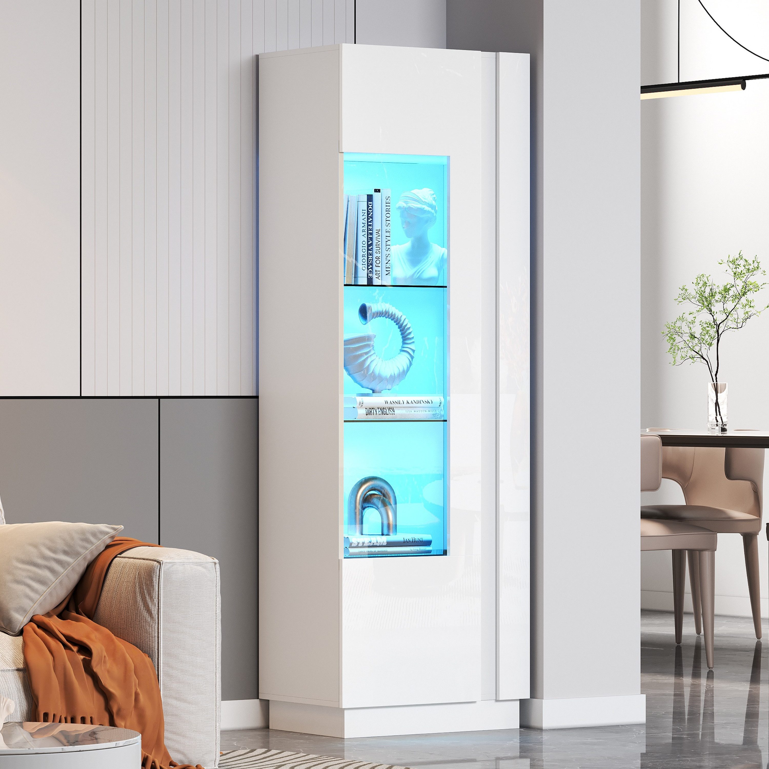 REDOM Vitrine 60x40x180 cm, Hochglanz-Design (Highboard, Sofaschrank, 1-St., Schranktür aus Acryl + 3 Glasboden) Hochglanz Lagerschrank mit LED-Beleuchtung