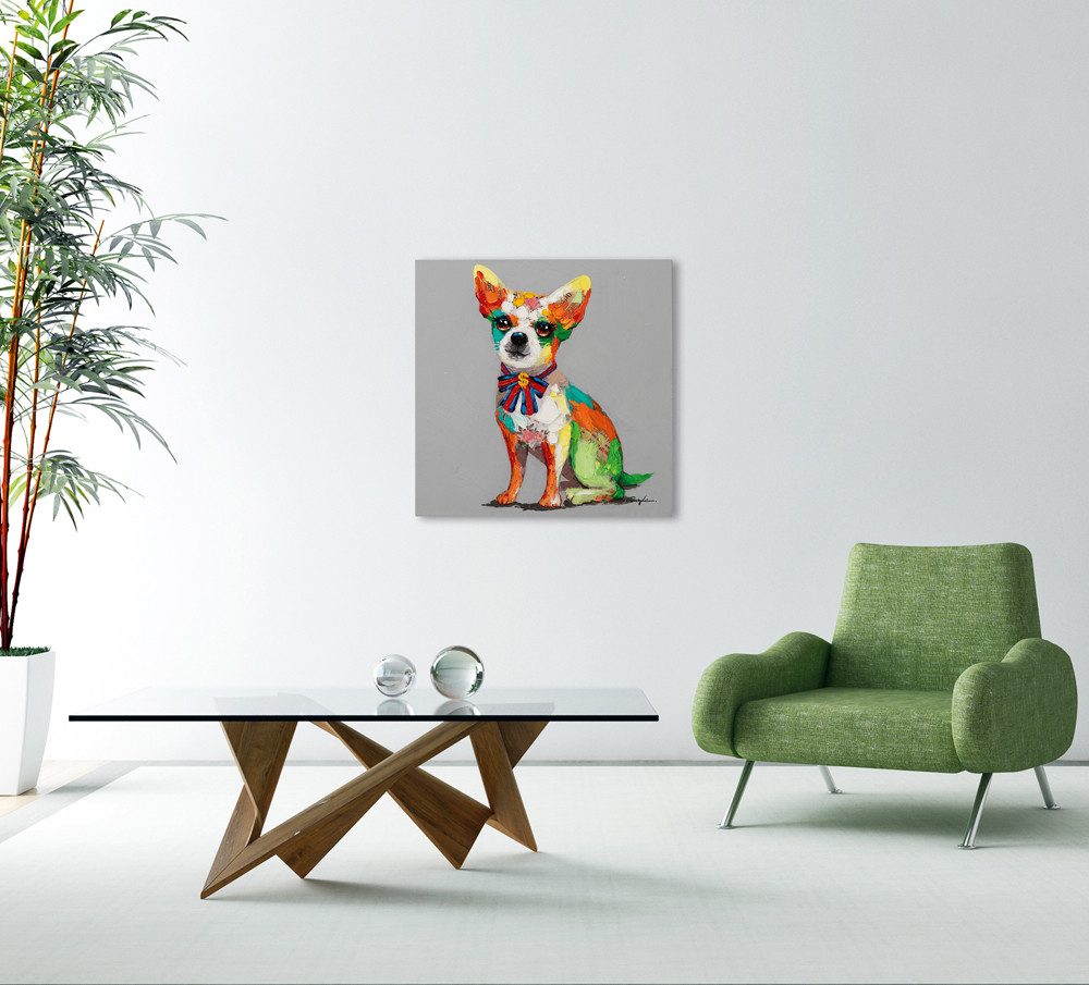 ArtUniverse Gemälde Leinwandbild Bunter Chihuahua mit Schleife 50 x 50 cm, Tiermotiv