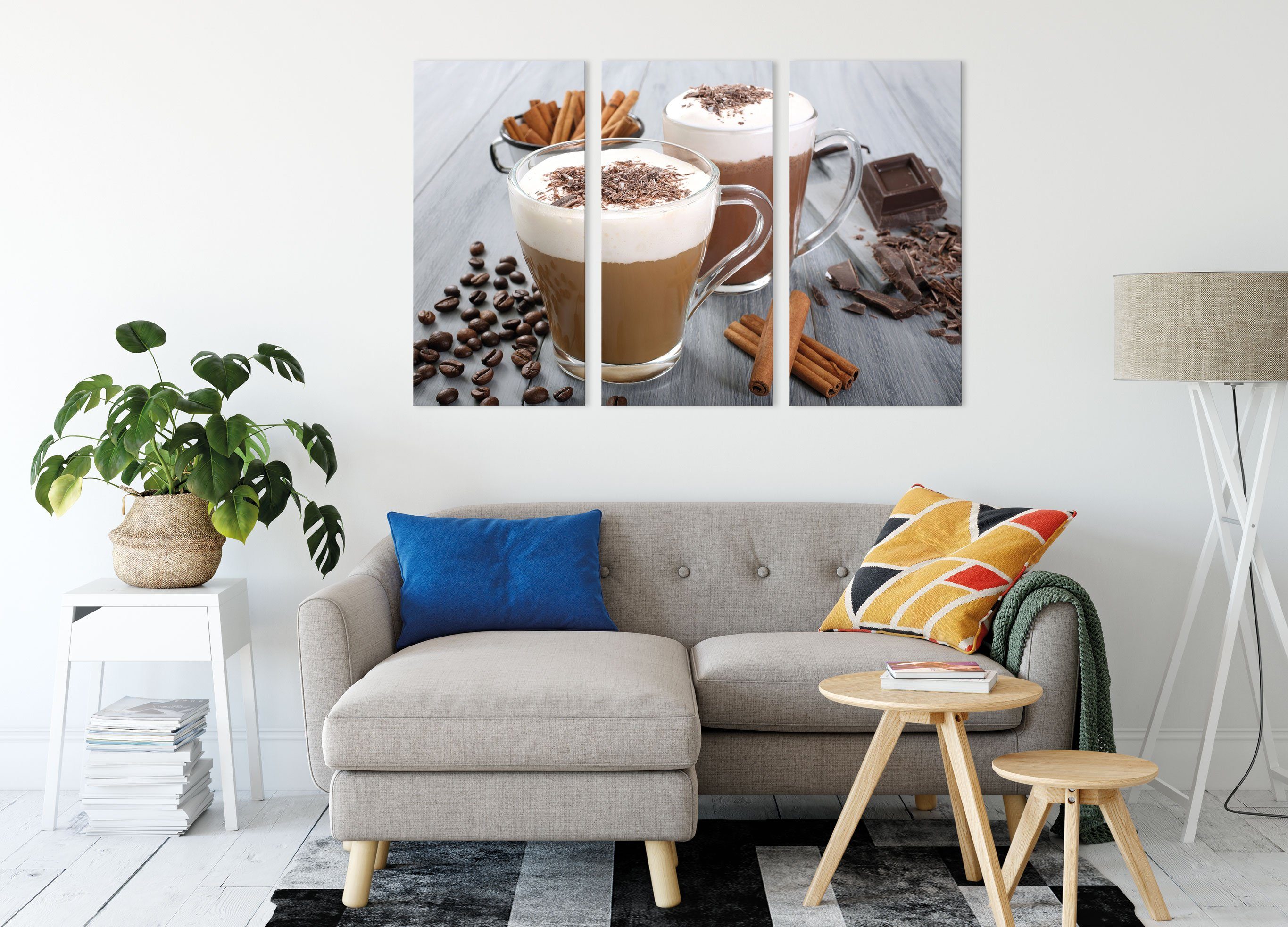 Kaffee Pixxprint inkl. Zackenaufhänger (120x80cm) fertig und Schokolade Schokolade Leinwandbild 3Teiler Leinwandbild Kaffee, St), und bespannt, (1