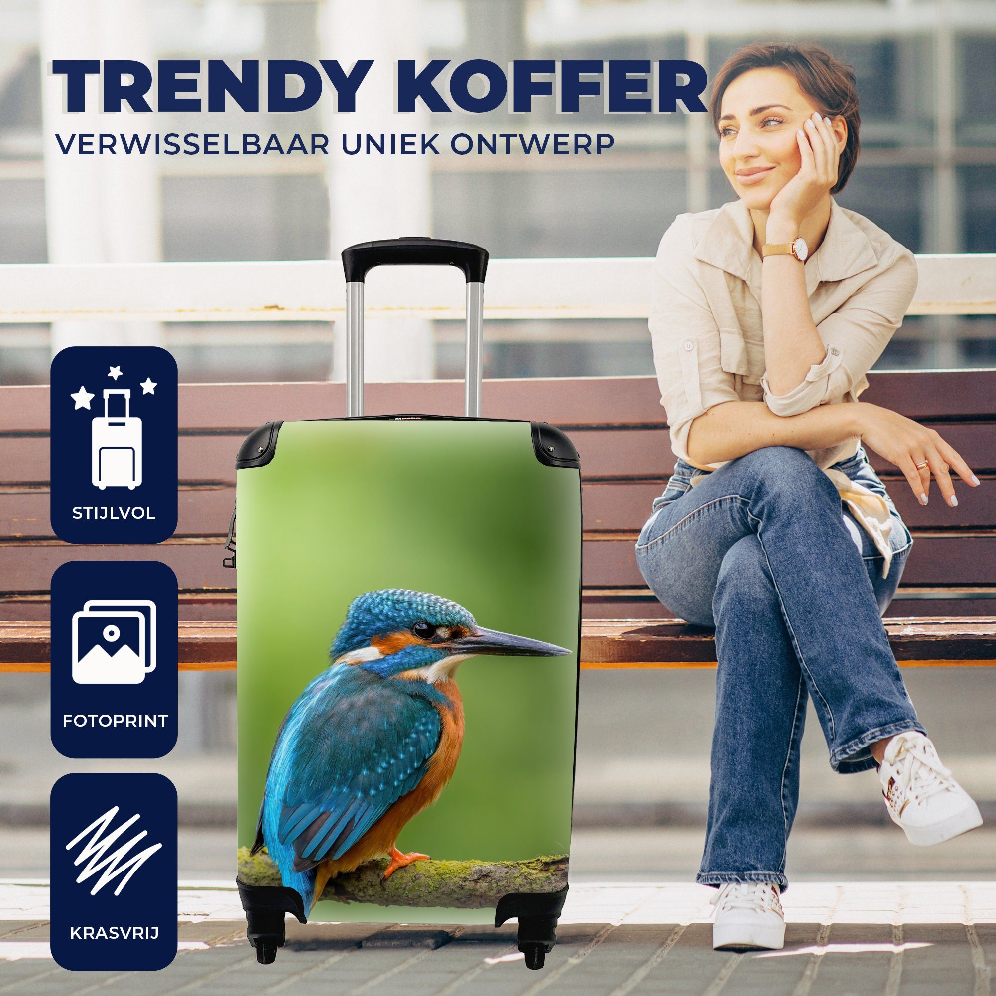 Grün, Handgepäck Rollen, Reisekoffer Reisetasche - - Eisvogel Ferien, rollen, 4 Trolley, Handgepäckkoffer Vogel für mit Moos MuchoWow Zweig - -