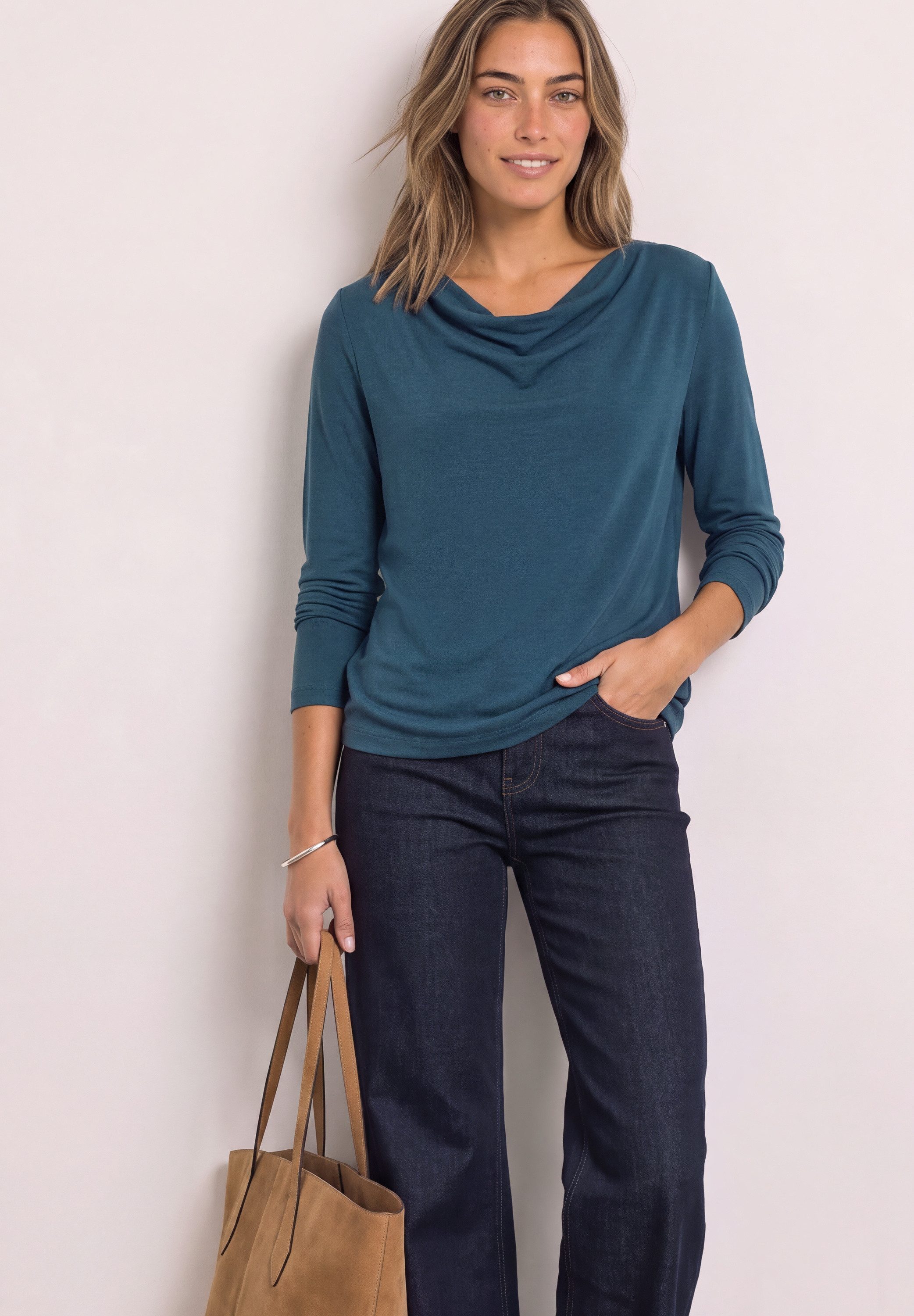 STREET ONE Langarmshirt mit Wasserfallausschnitt