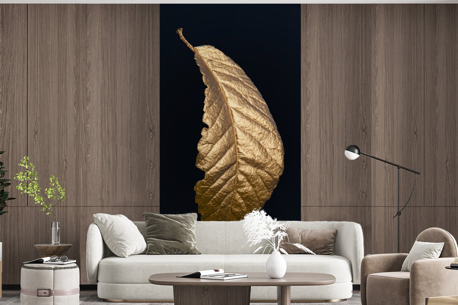 (2 Küche, - - - Matt, - Wohnzimmer Schwarz Gold Luxus Fototapete Natur, für Fototapete Vliestapete Schlafzimmer St), MuchoWow Blätter bedruckt,