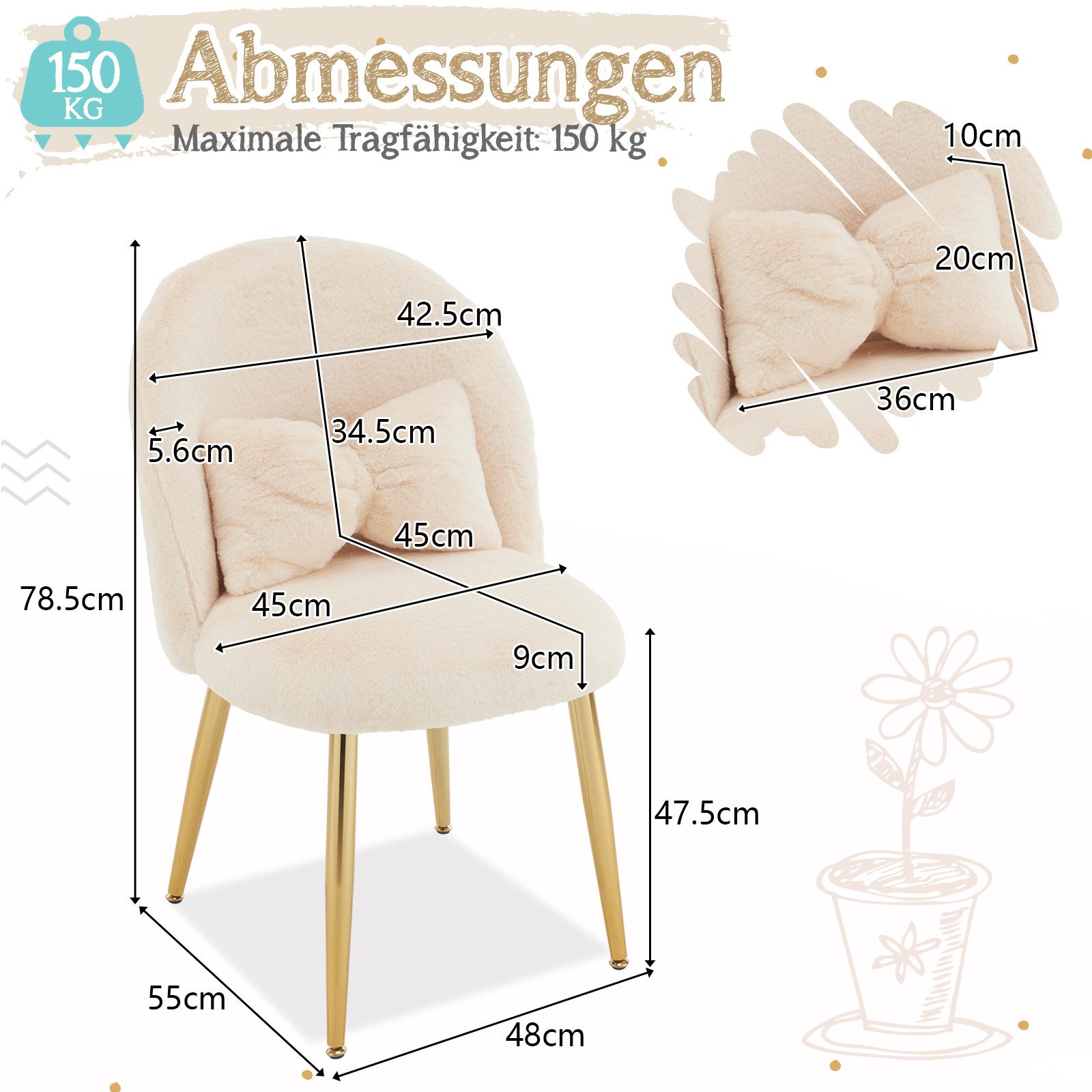 VINGLI Polsterstuhl mit Schleife Zierkissen, Schminktisch Stuhl, Monderne Esszimmerstuhl, Teddy-Stoff/Plüsch, bis 136 kg belastbar, Kinderzimmer Schlafzimmer – Bild 2 von 5