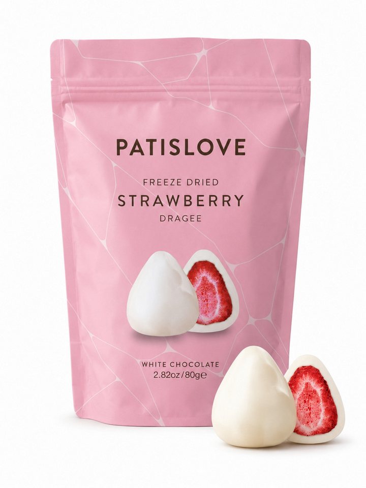 PATISLOVE Schokolade Patislove Gefriergetrocknete Erdbeeren in Weißer Schokolade, 80g, 88% Weiße Schokolade, Ganze gefriergetrocknete Erdbeeren