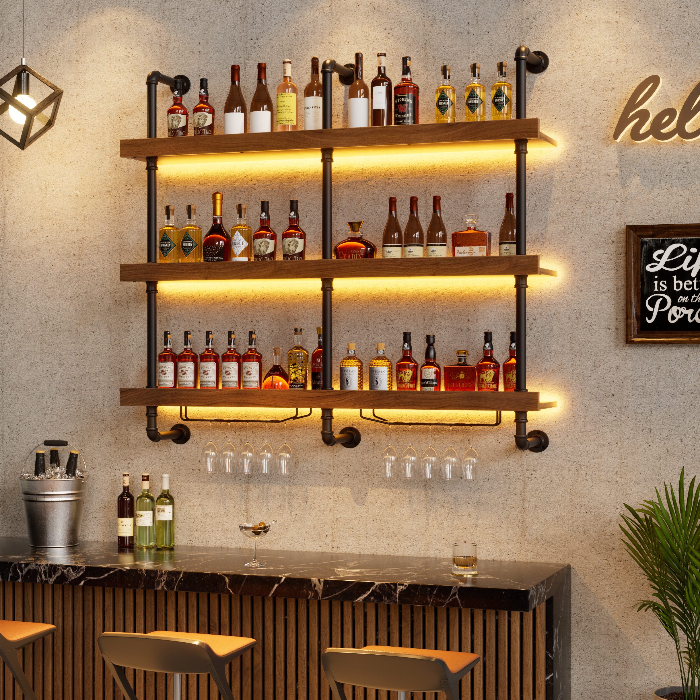 PEALOV Weinregal mit RGB LED Licht & Glashalter, 3-stufiges Wandregal für Weinflaschen, Wandmontiertes Weinaufbewahrungsregal für Küche, Bar und Restaurant