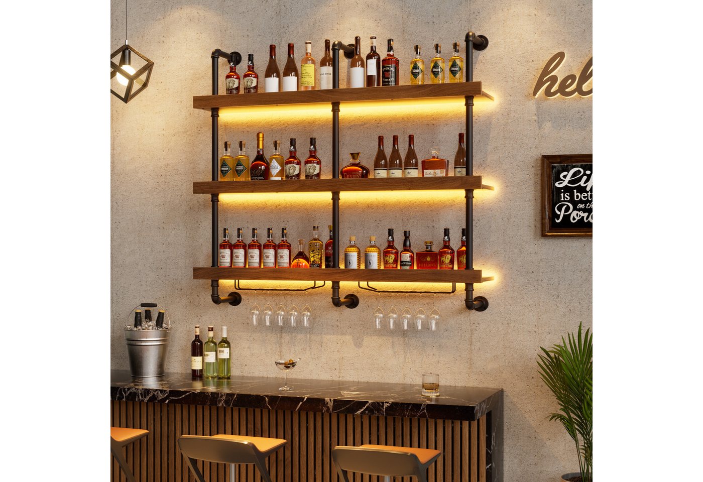 PEALOV Weinregal mit RGB LED Licht & Glashalter, 3-stufiges Wandregal für Weinflaschen, Wandmontiertes Weinaufbewahrungsregal für Küche, Bar und Restaurant