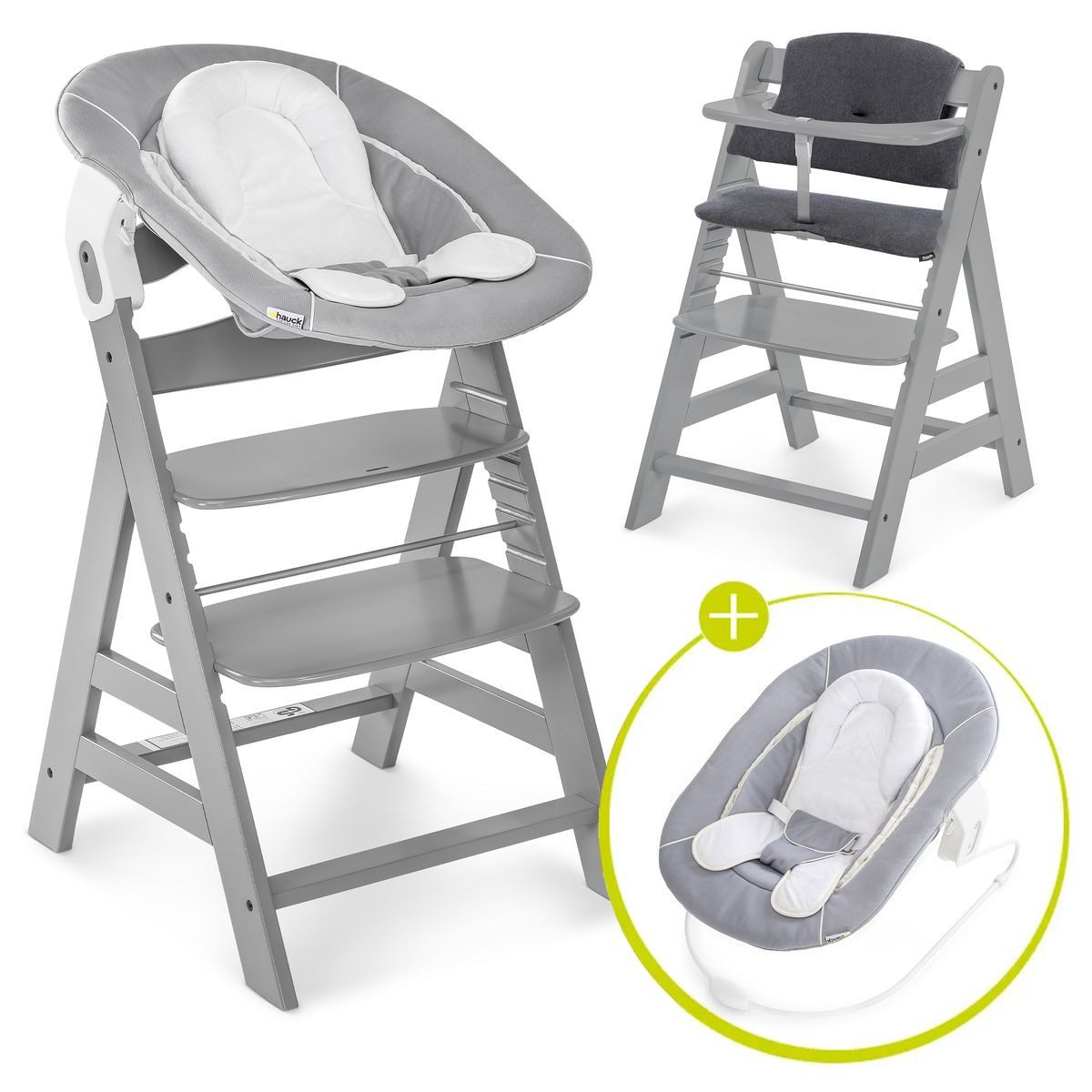 Hauck Hochstuhl Alpha Plus Newborn Set - Grey, Holz Babyhochstuhl ab Geburt inkl. Neugeborenenaufsatz & Sitzauflage