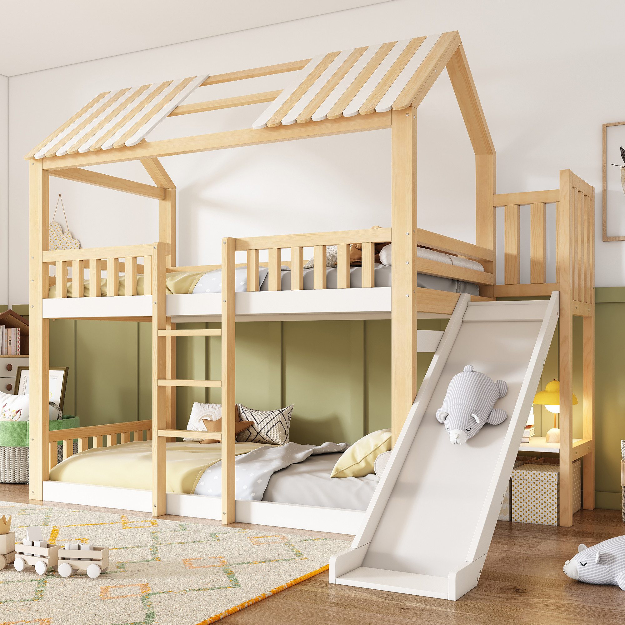 Flieks Etagenbett, Kinderbett Haus-Design 90×200cm mit Dach, Rutsche und Leiter