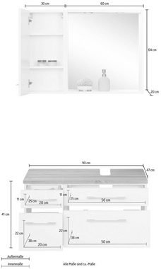 HELD MÖBEL Badmöbel-Set Davos, (3-St), inklusive Beleuchtung, Hängeschrank und Waschbeckenunterschrank