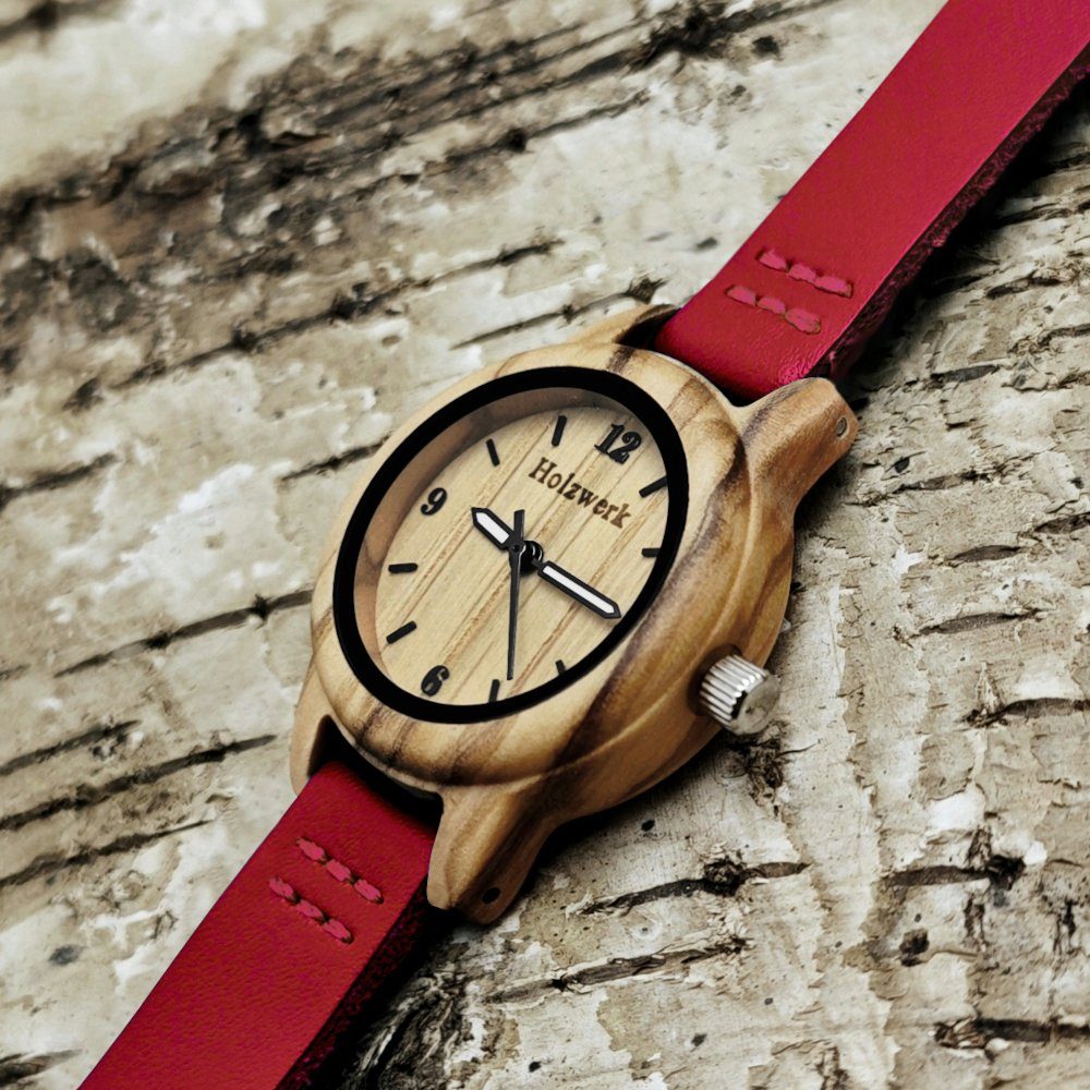 kleine Armband Uhr, & beige dunkel Leder Holzwerk Quarzuhr CLARA rot, Damen Holz RED