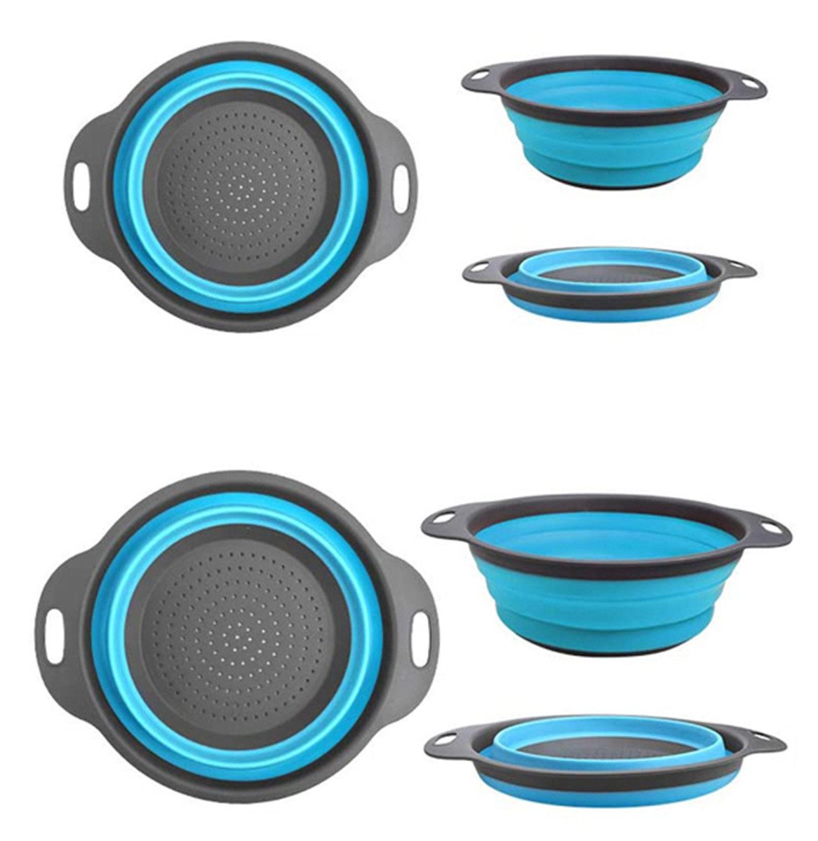 WS-Trend Nudelsieb Faltbare Silikonsiebe 2er-Set 19/23 cm Küchensieb Nudelsieb Graublau, Silikon, (Spar-Set)