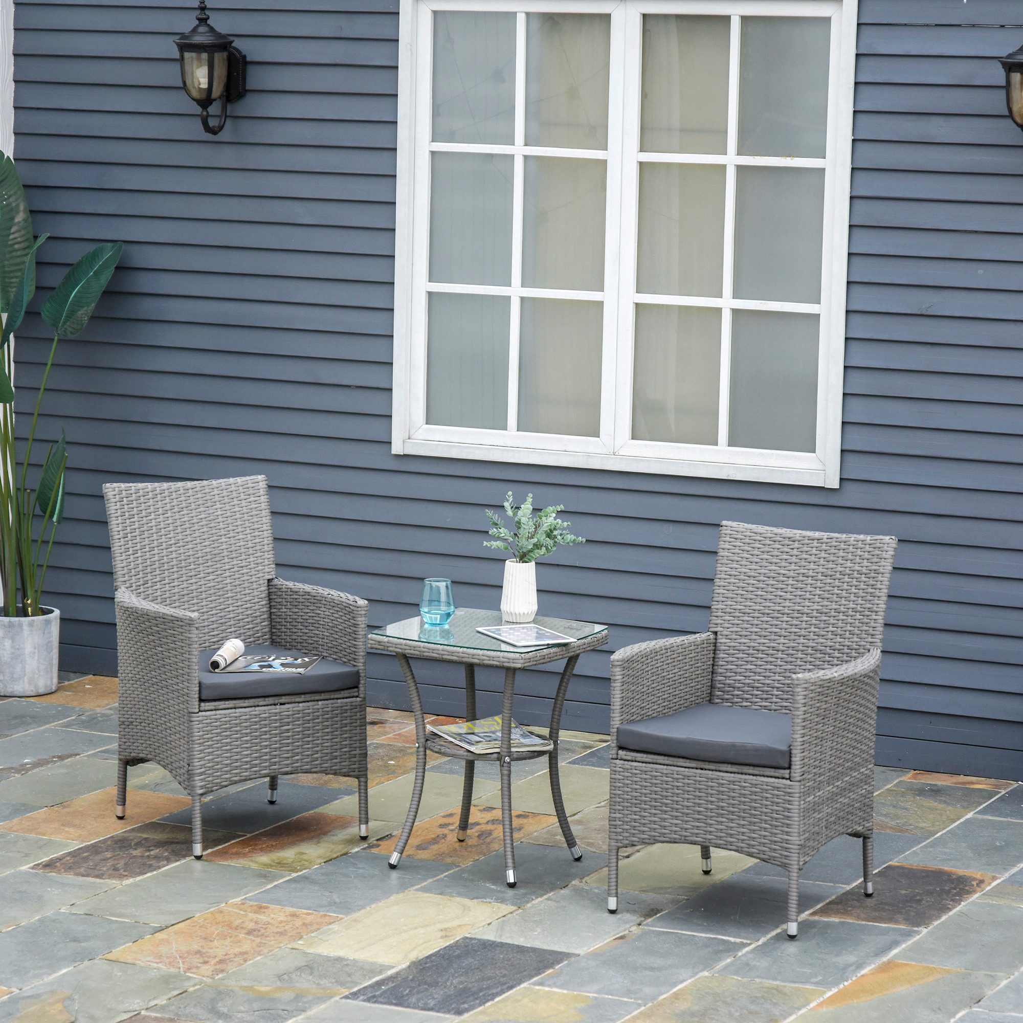 Outsunny Sitzgruppe Polyrattan Outdoor Lounge Balkonmöbel mit 2 Stühle, Tisch Sitzkissen, (Sitzgarnitur, 3-tlg., Gartenmöbel Set), Grau 60 x 58,5 x 89,5 cm