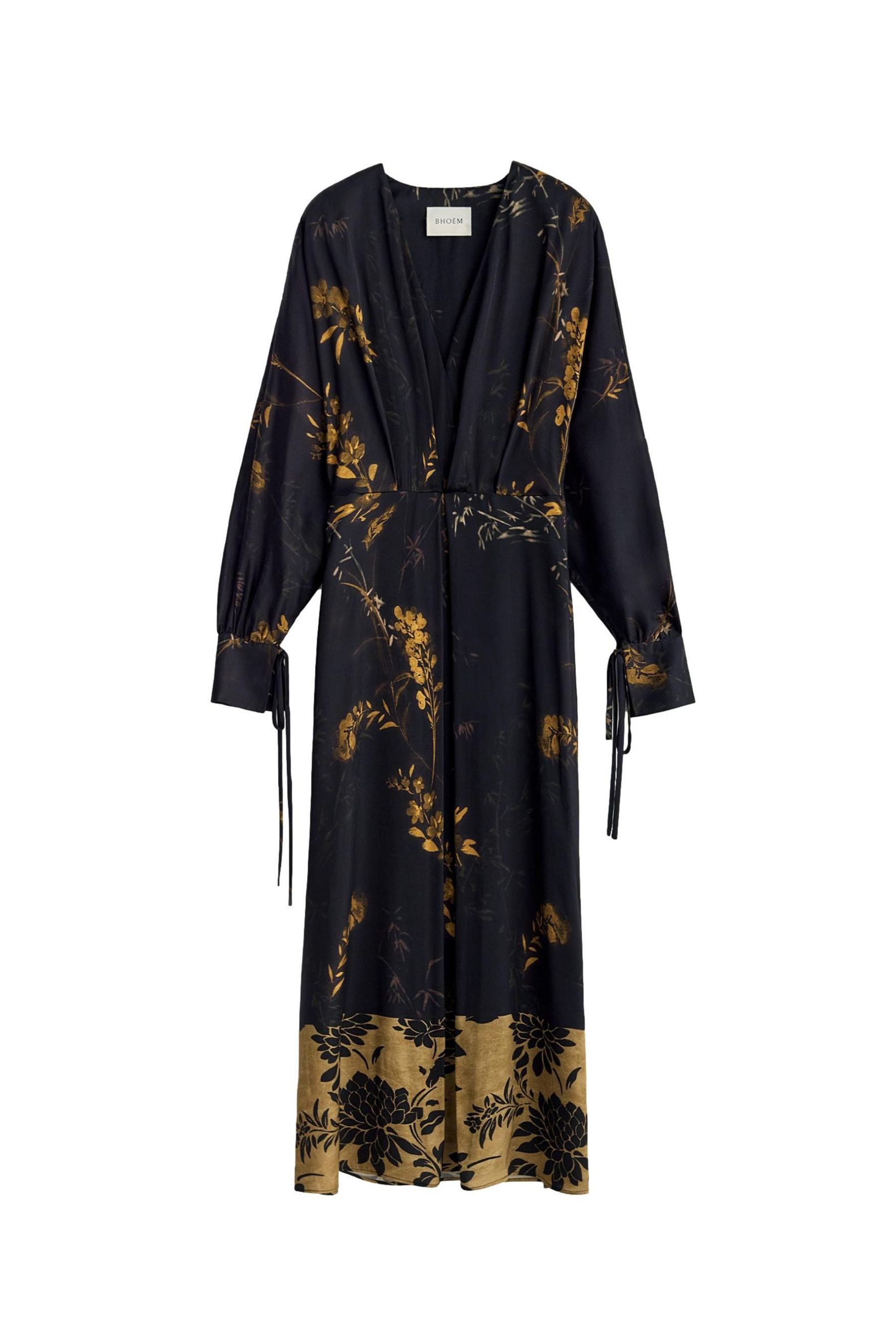 Midikleid BHOEM Kleid Satinkimono mit floralem Muster