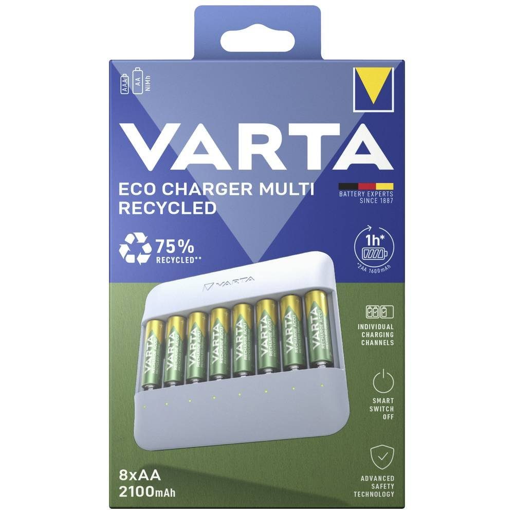 VARTA Recycled 4x AA 2100 mAh Box 57682101121 Rundzellen-Lader (Akku-Defekt Erkennung, Einzelschachtüberwachung, Erhaltungsladung)